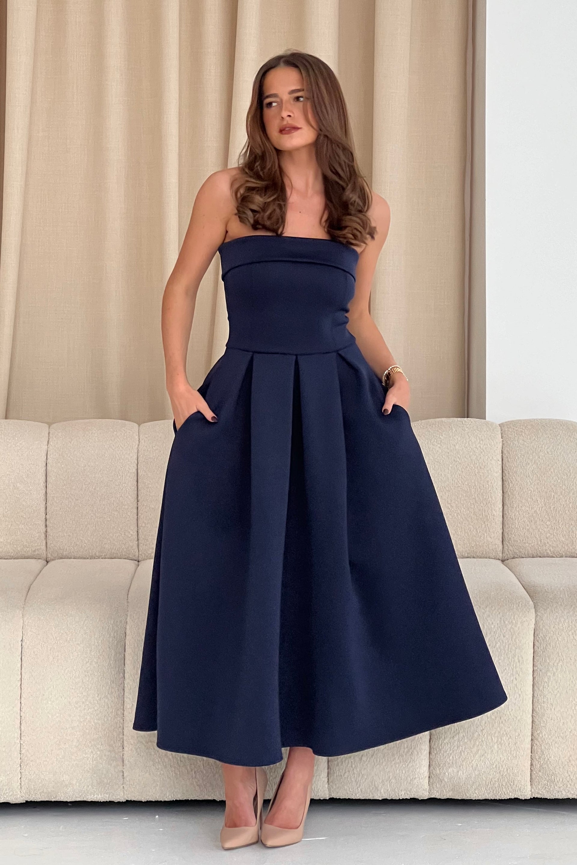 Danni Strapless Bandeau Midi Dress Navy