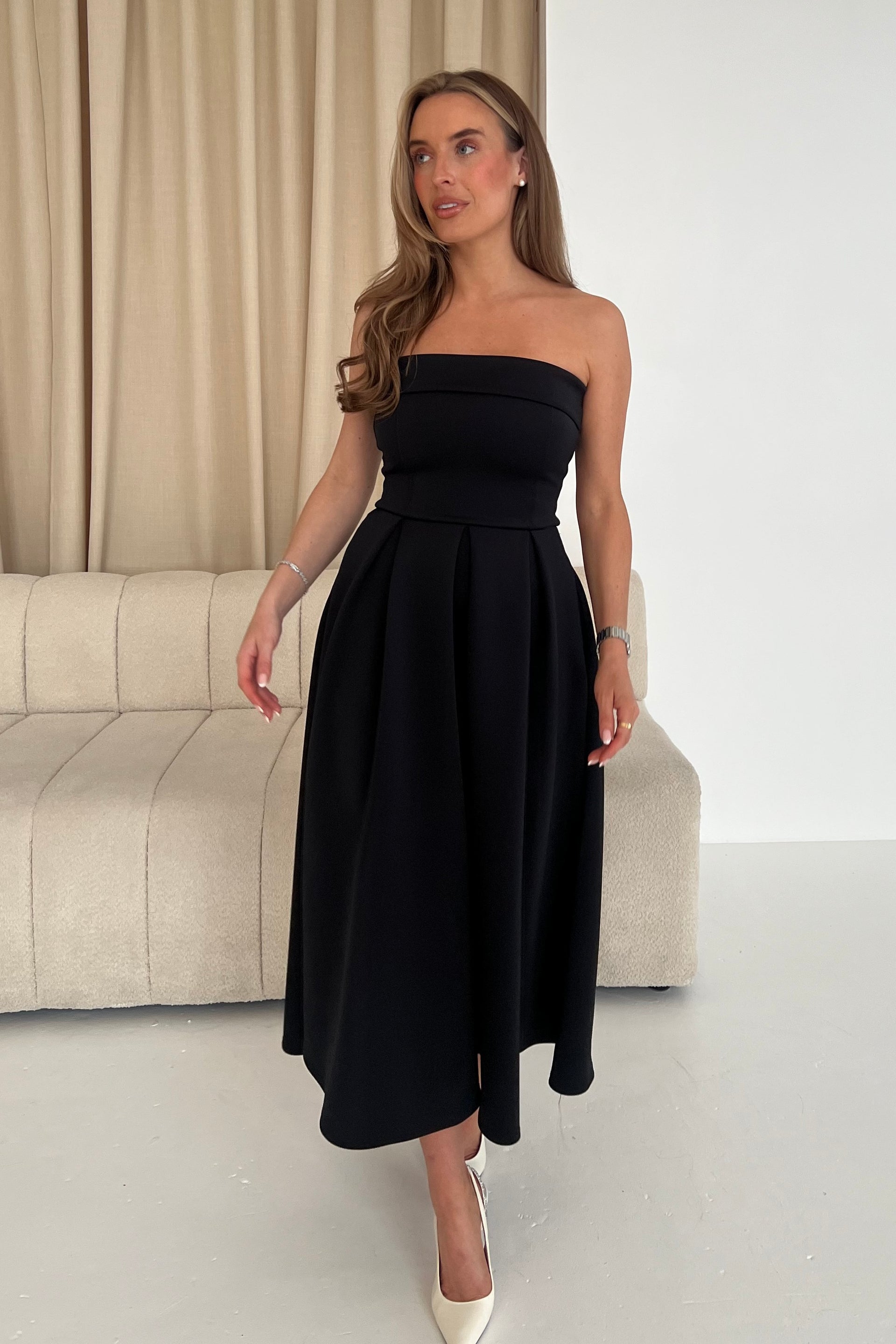 Danni Strapless Bandeau Midi Dress Black
