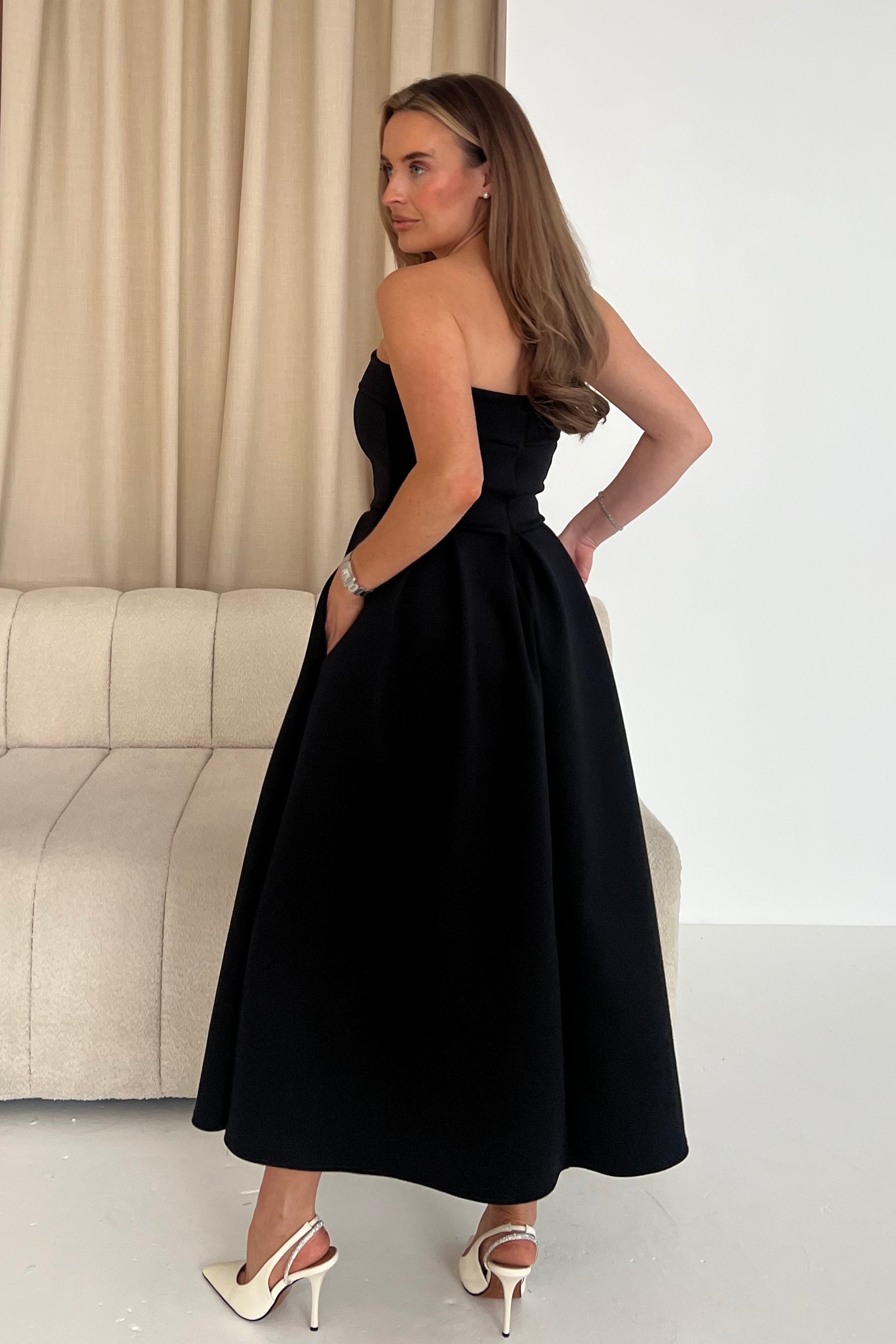 Danni Strapless Bandeau Midi Dress Black
