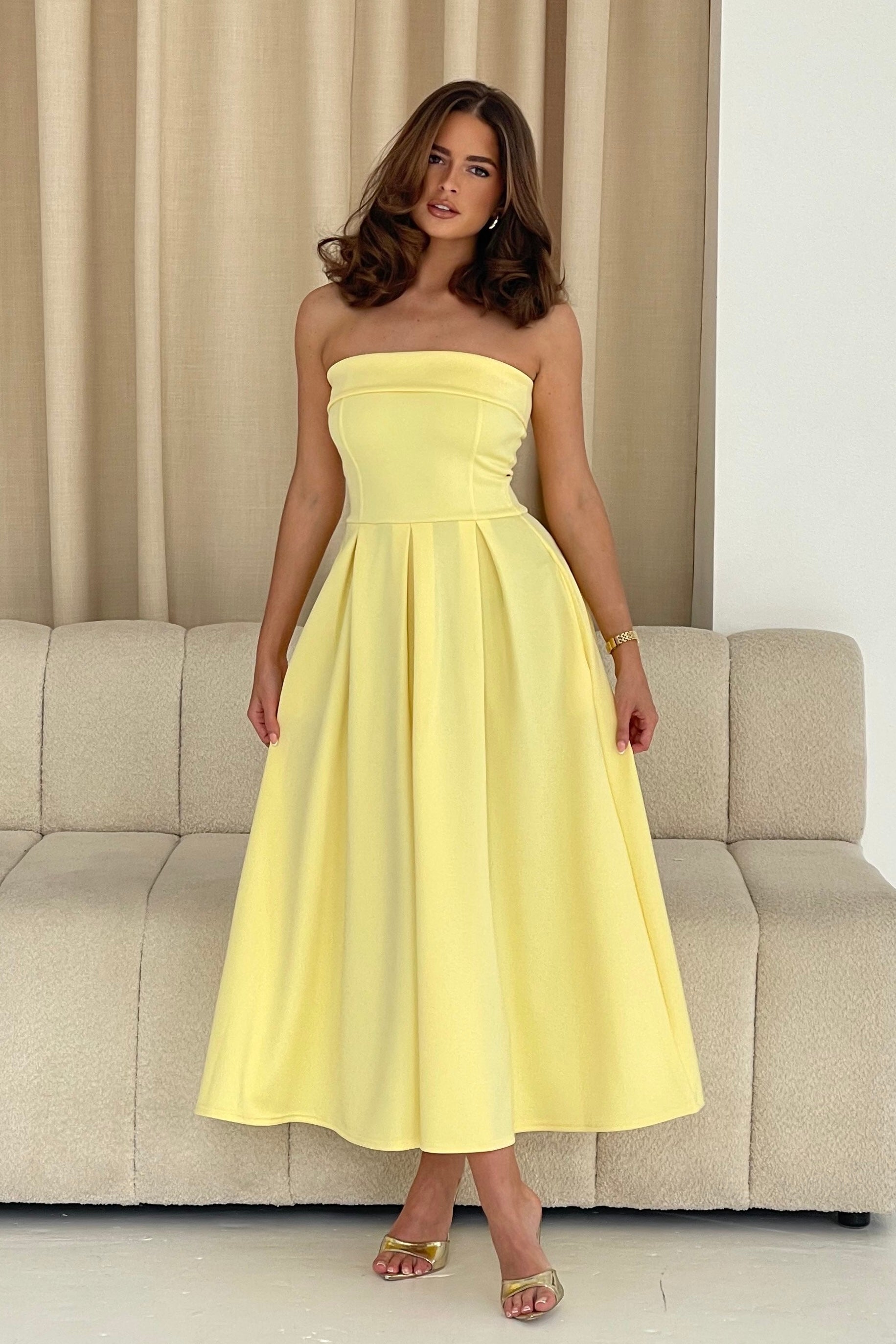 Danni Strapless Bandeau Midi Dress Yellow