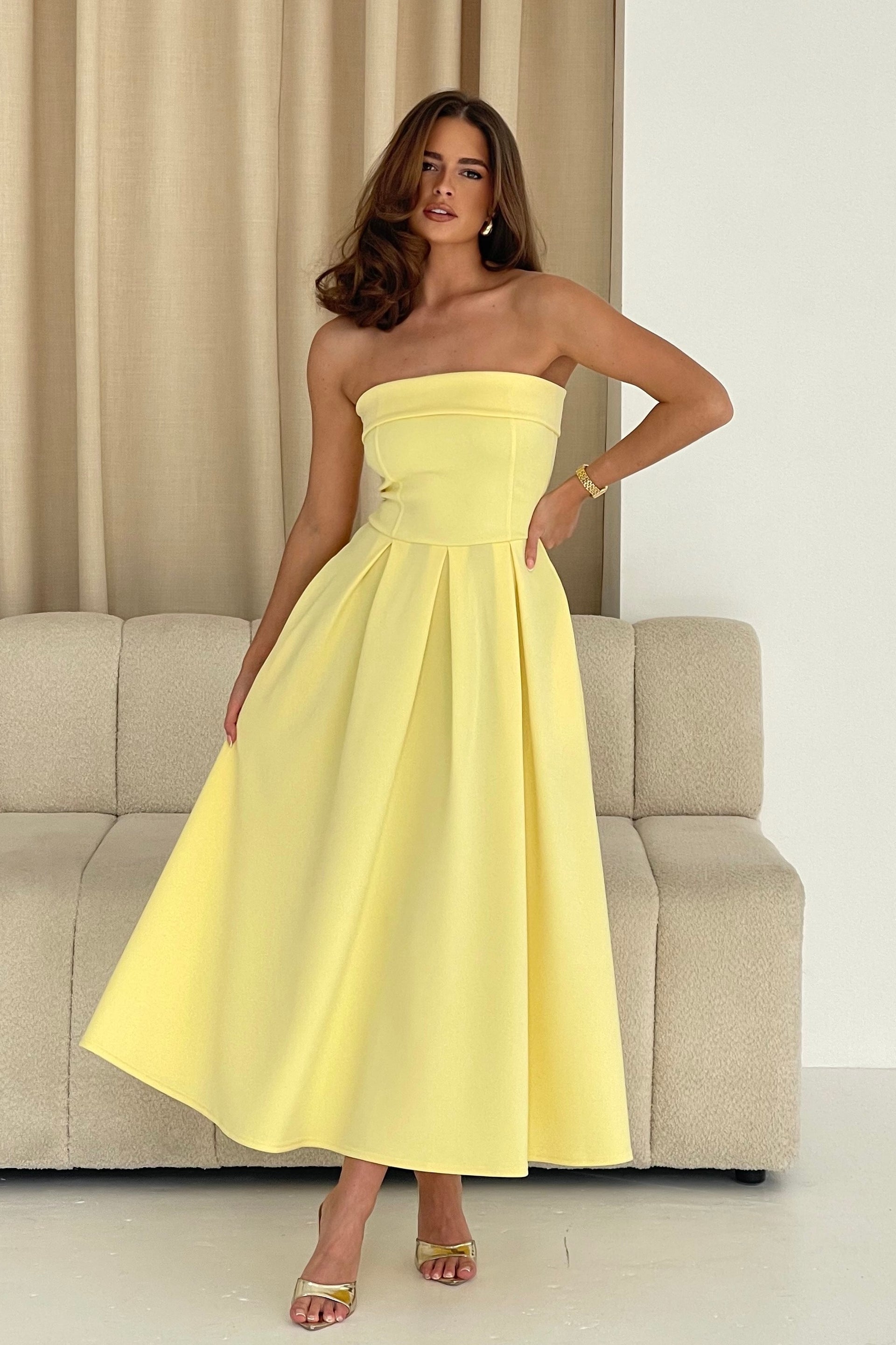 Danni Strapless Bandeau Midi Dress Yellow