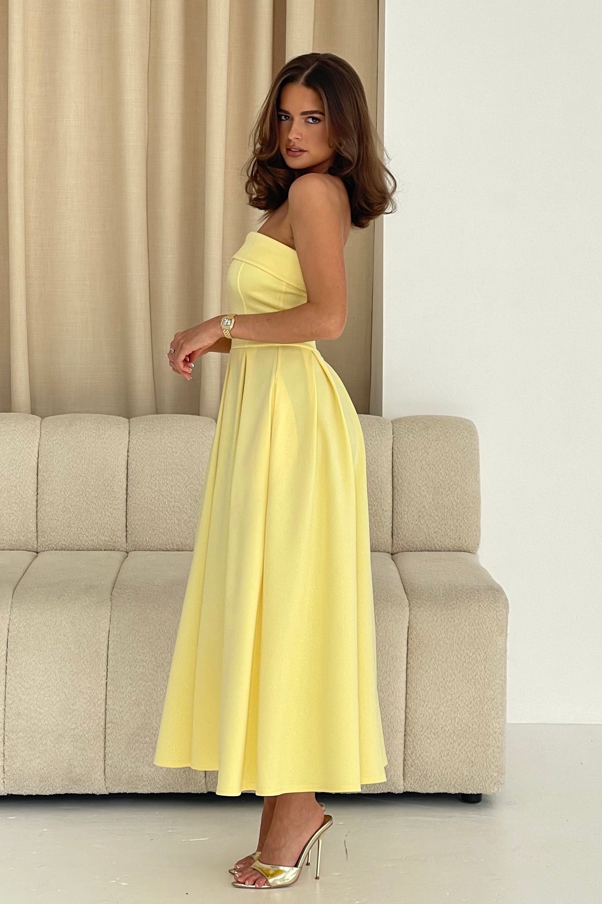 Danni Strapless Bandeau Midi Dress Yellow
