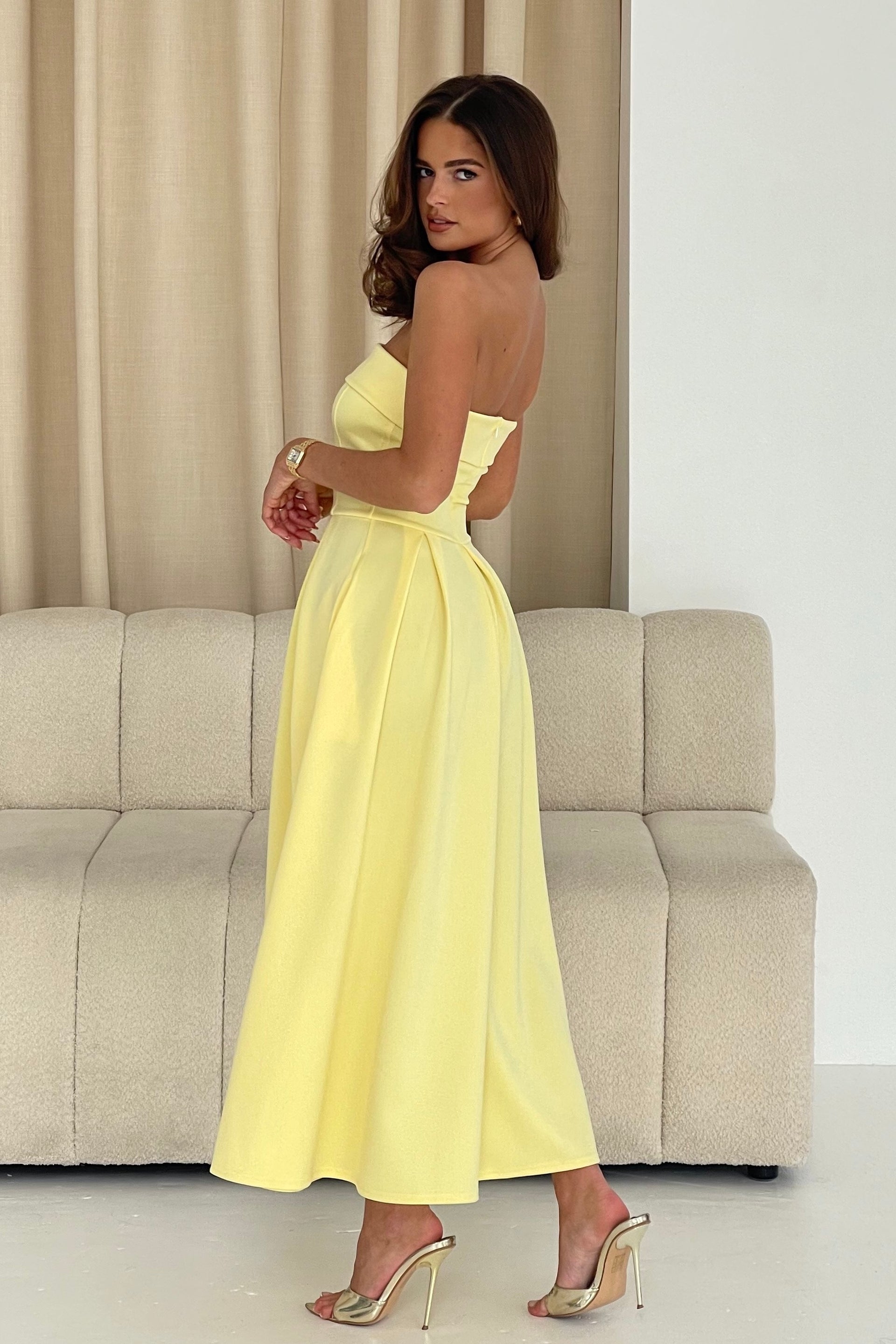 Danni Strapless Bandeau Midi Dress Yellow