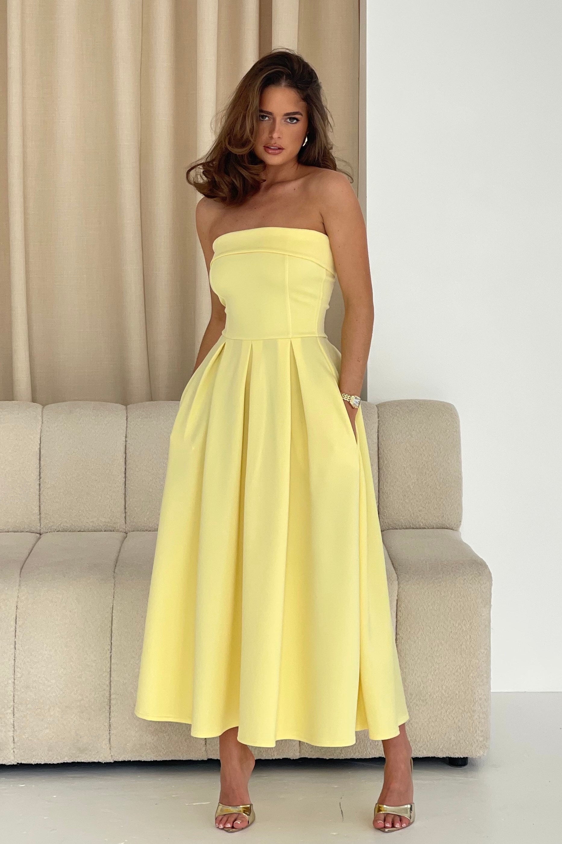 Danni Strapless Bandeau Midi Dress Yellow