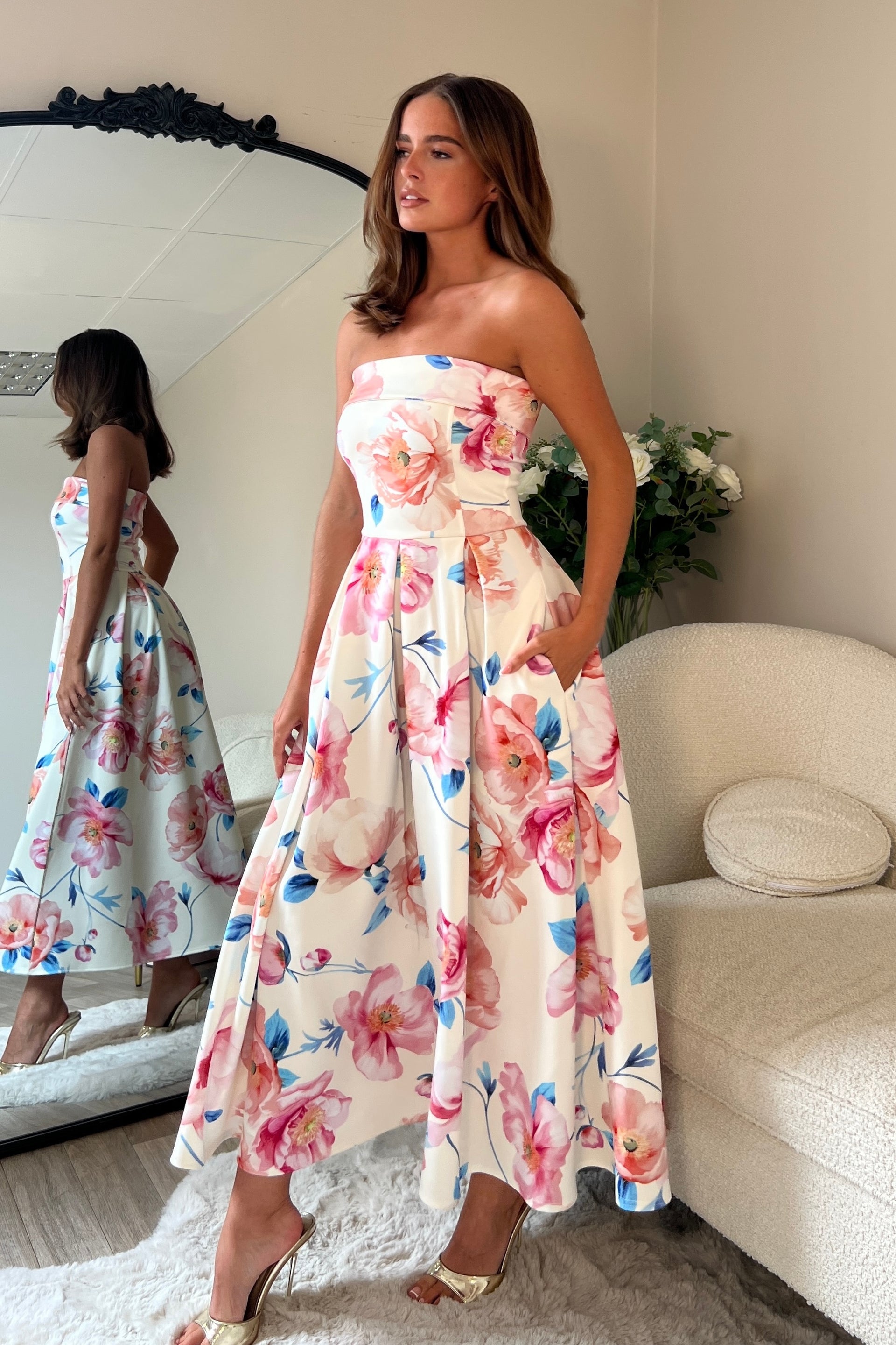 Danni Strapless Bandeau Midi Dress Pink Floral