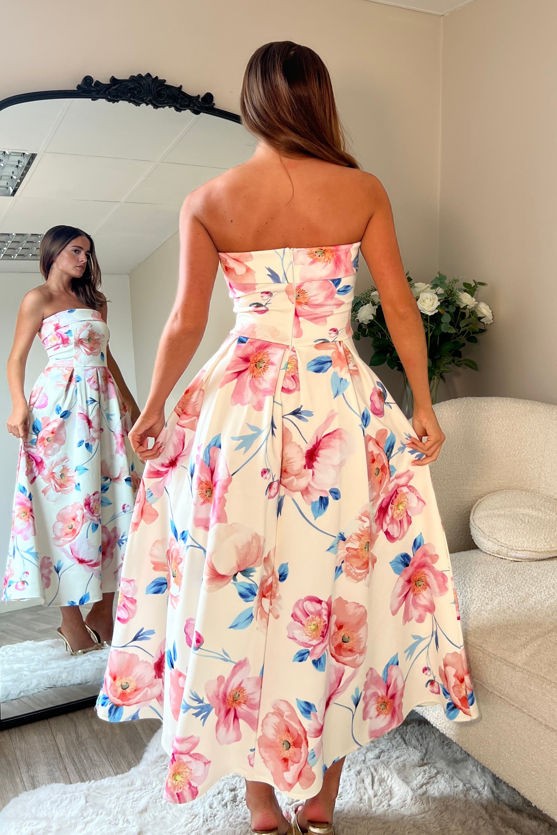 Danni Strapless Bandeau Midi Dress Pink Floral