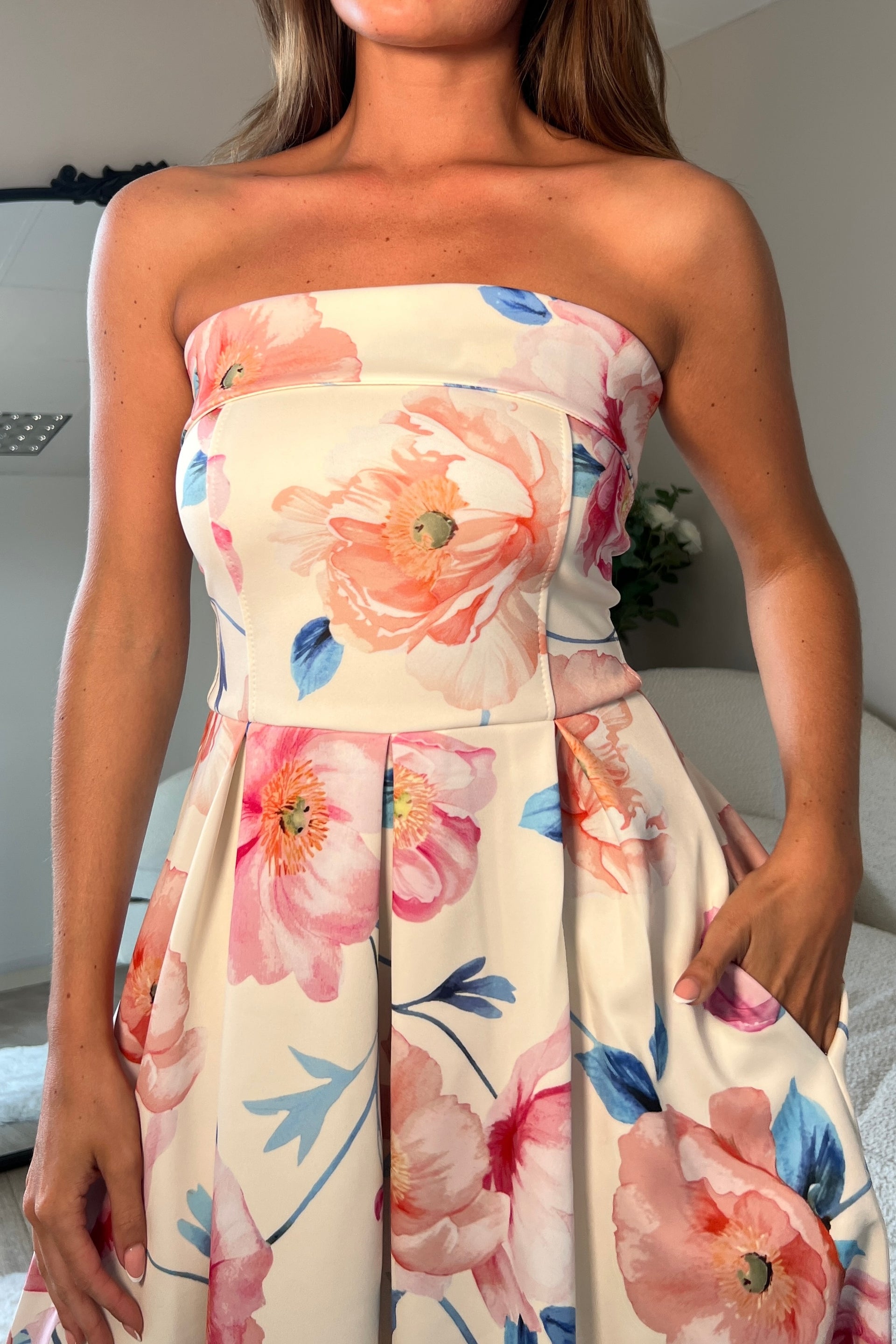 Danni Strapless Bandeau Midi Dress Pink Floral