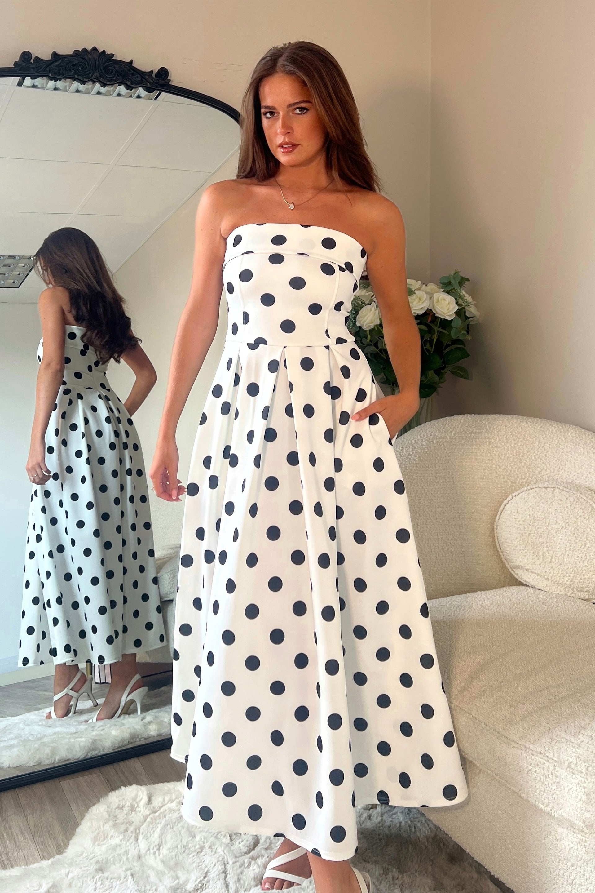 Danni Strapless Bandeau Midi Dress Spot Print