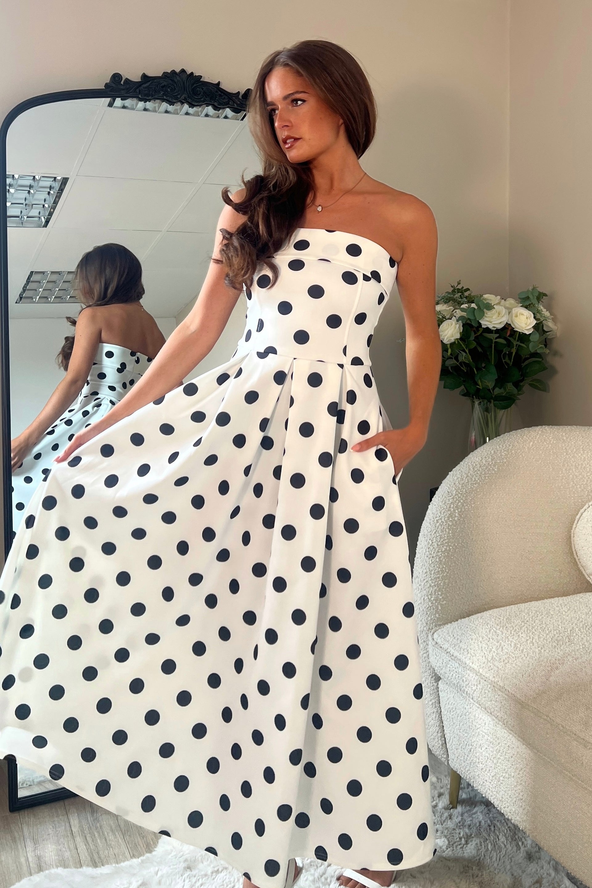 Danni Strapless Bandeau Midi Dress Spot Print