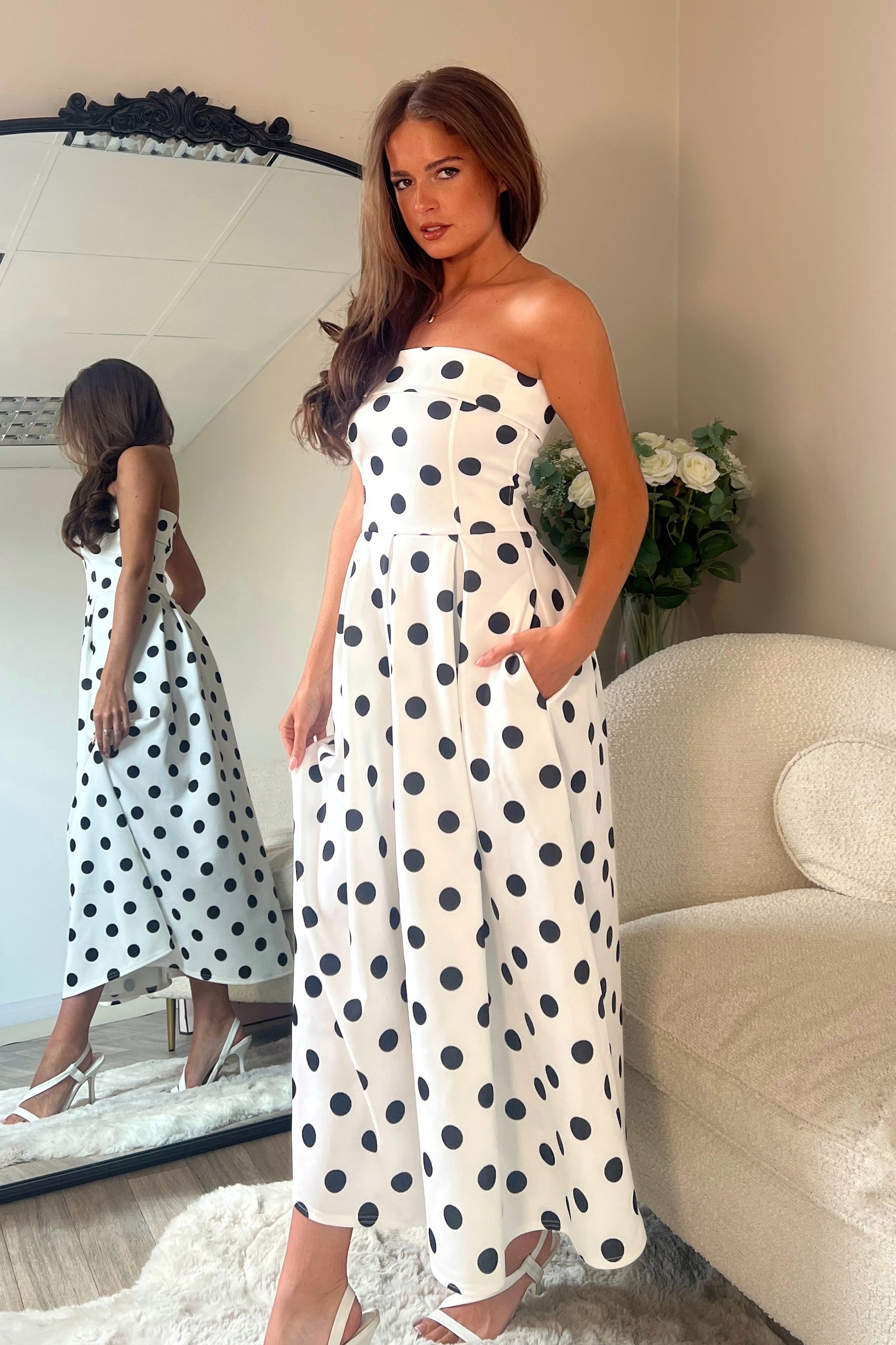 Danni Strapless Bandeau Midi Dress Spot Print