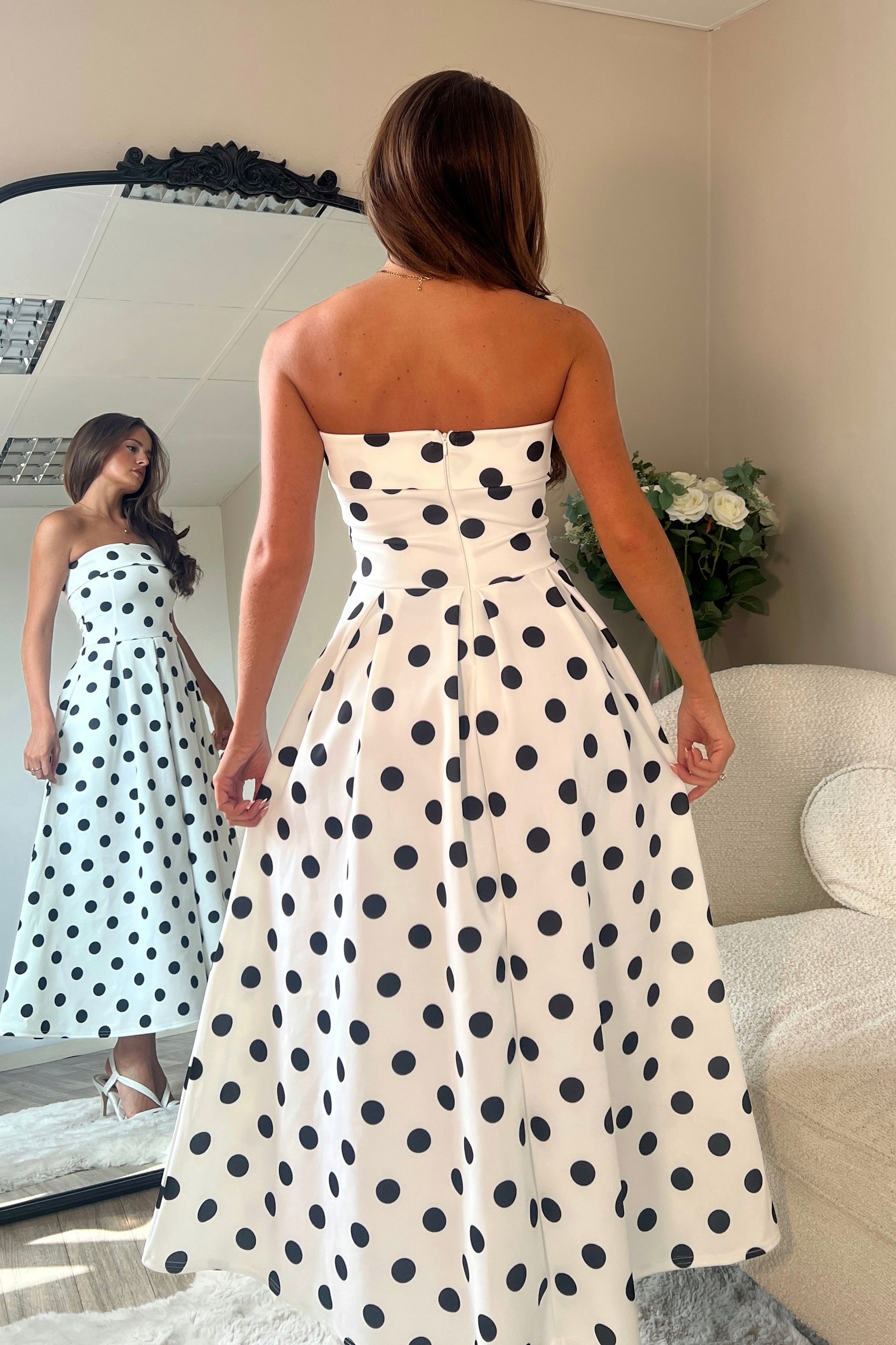 Danni Strapless Bandeau Midi Dress Spot Print