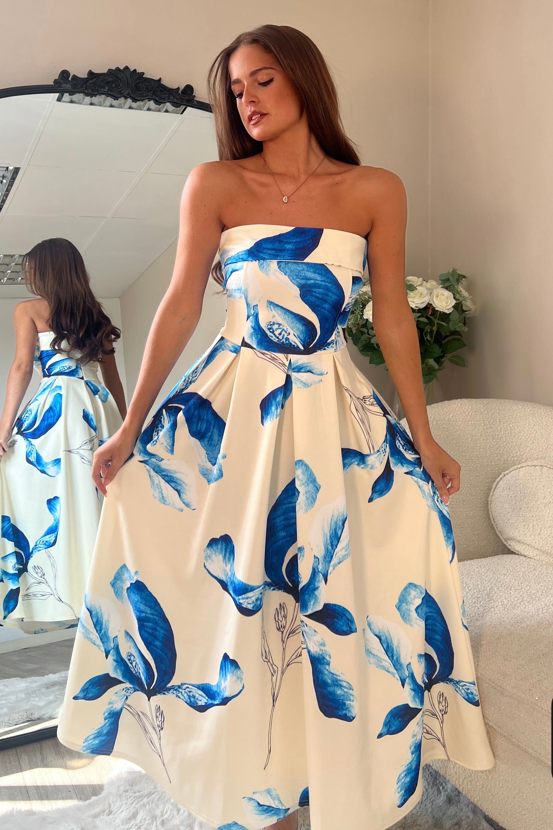 Danni Strapless Bandeau Midi Dress Yellow And Blue Floral