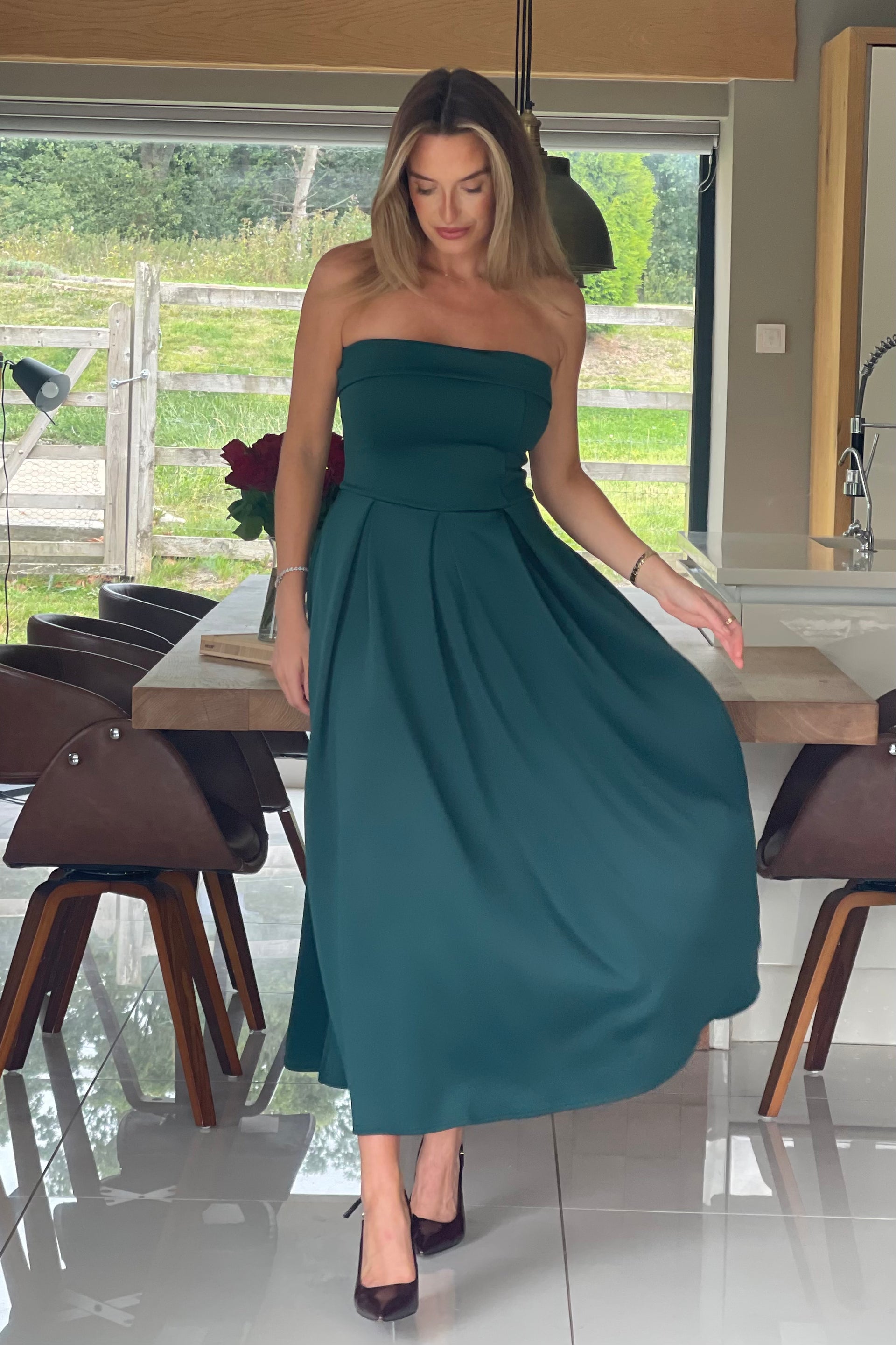 Danni Strapless Bandeau Midi Dress Emerald