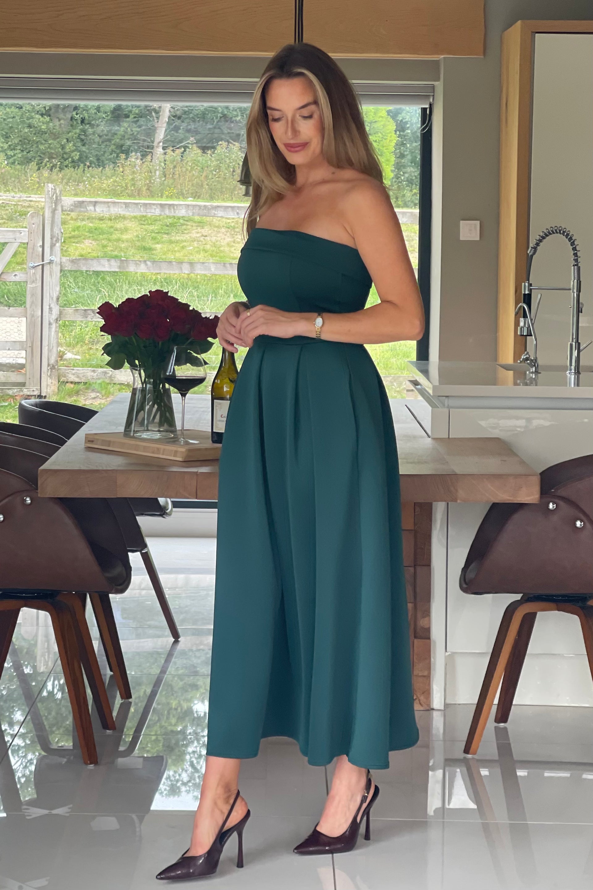 Danni Strapless Bandeau Midi Dress Emerald