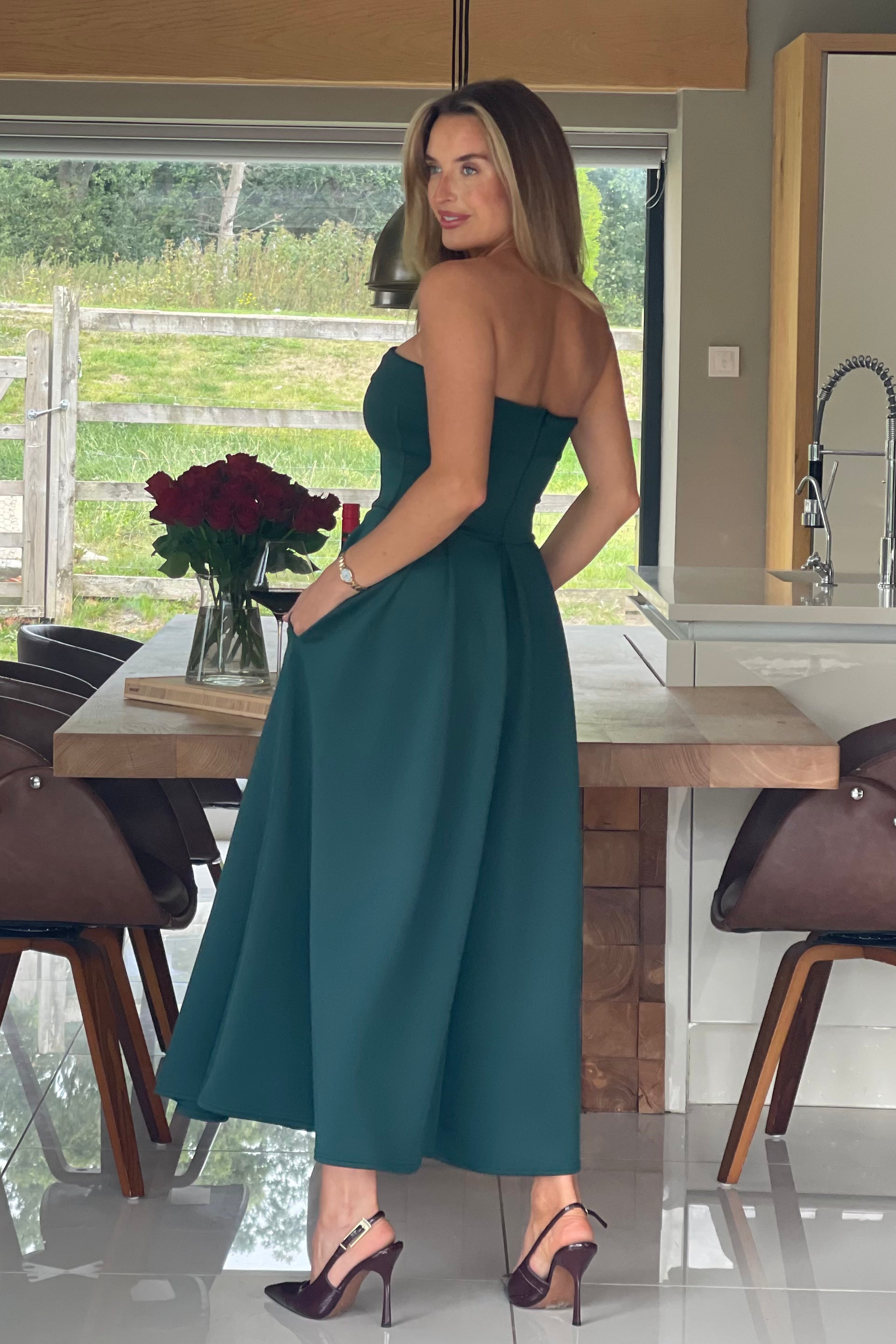 Danni Strapless Bandeau Midi Dress Emerald