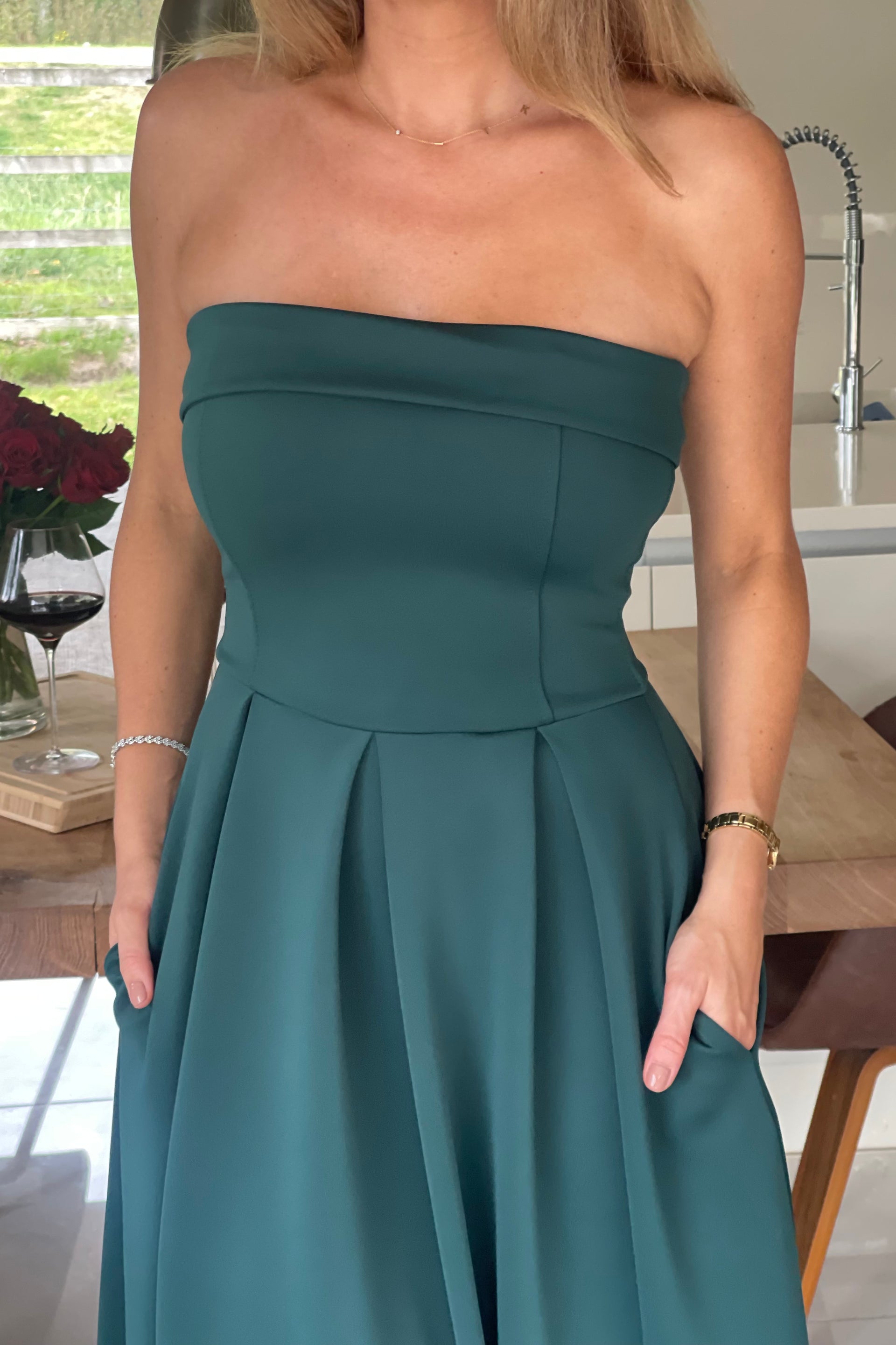 Danni Strapless Bandeau Midi Dress Emerald