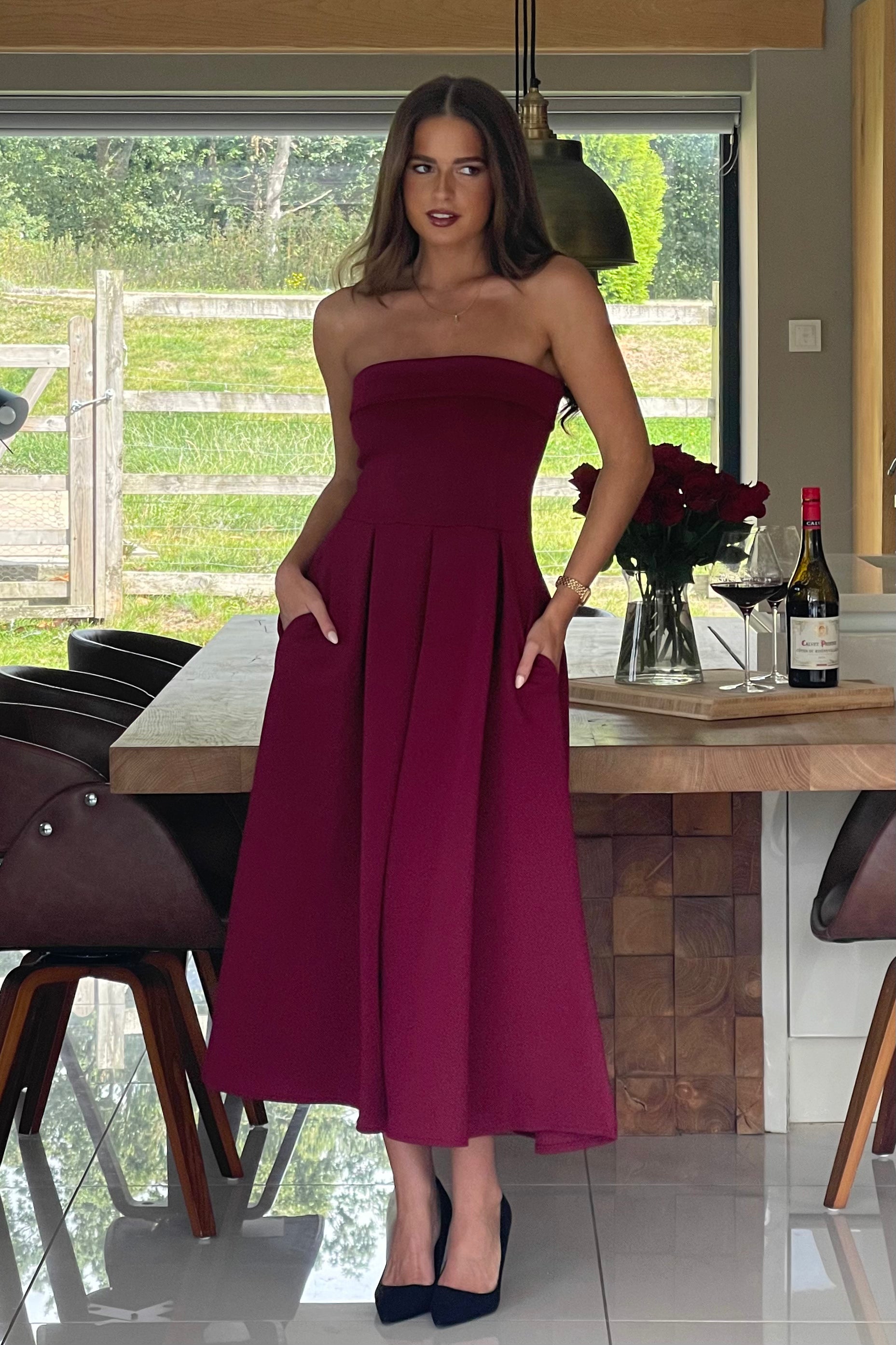 Danni Strapless Bandeau Midi Dress Wine