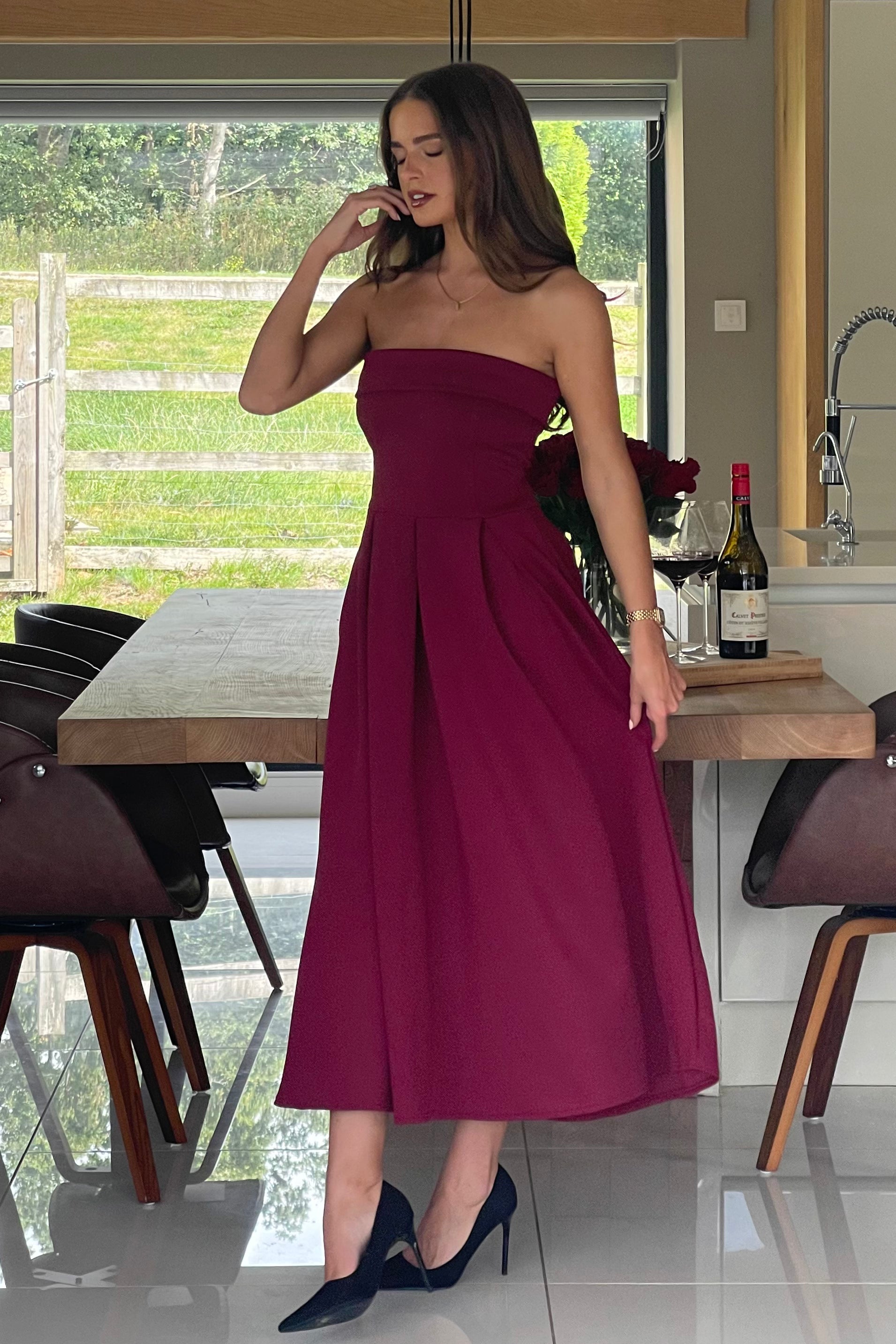 Danni Strapless Bandeau Midi Dress Wine