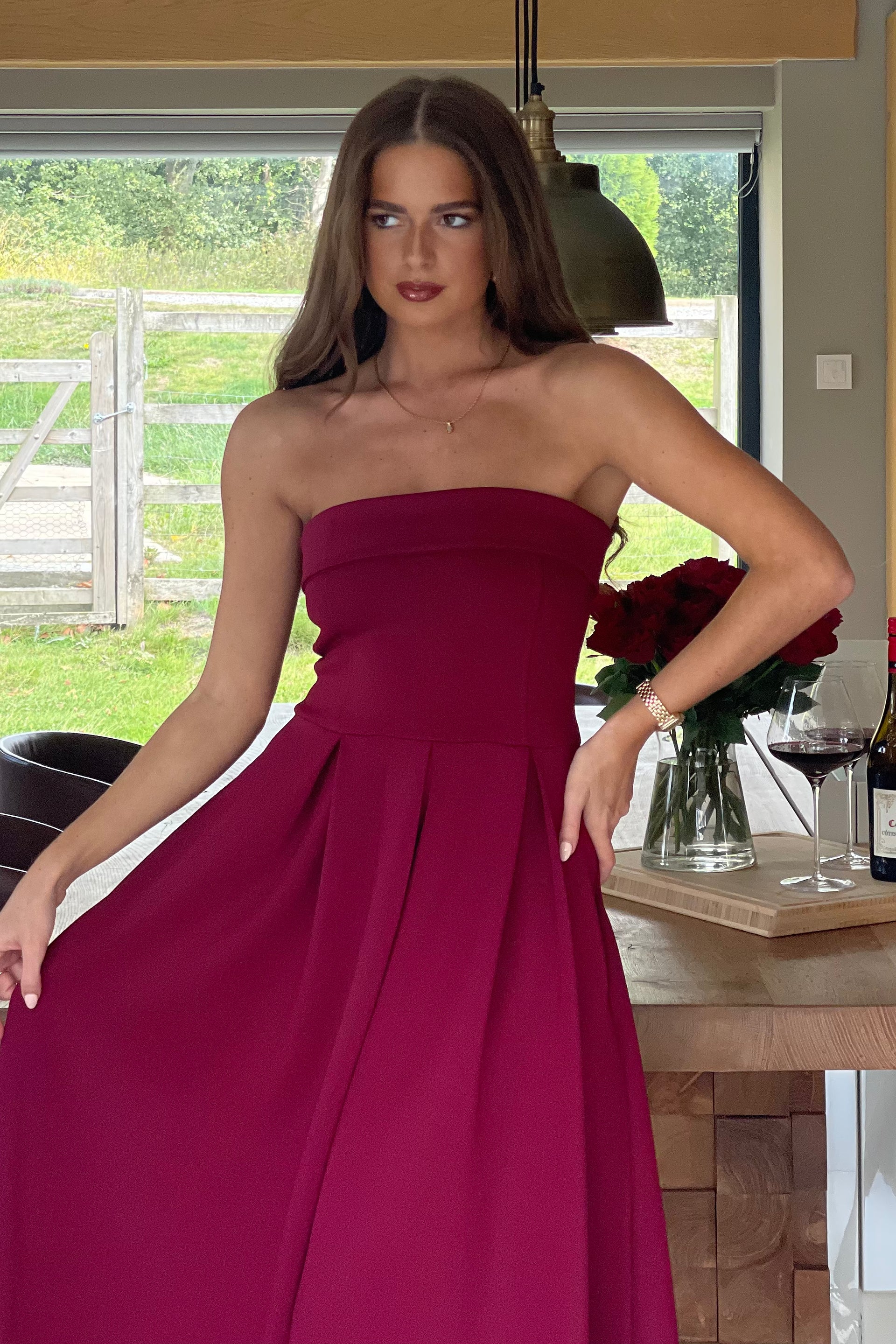 Danni Strapless Bandeau Midi Dress Wine
