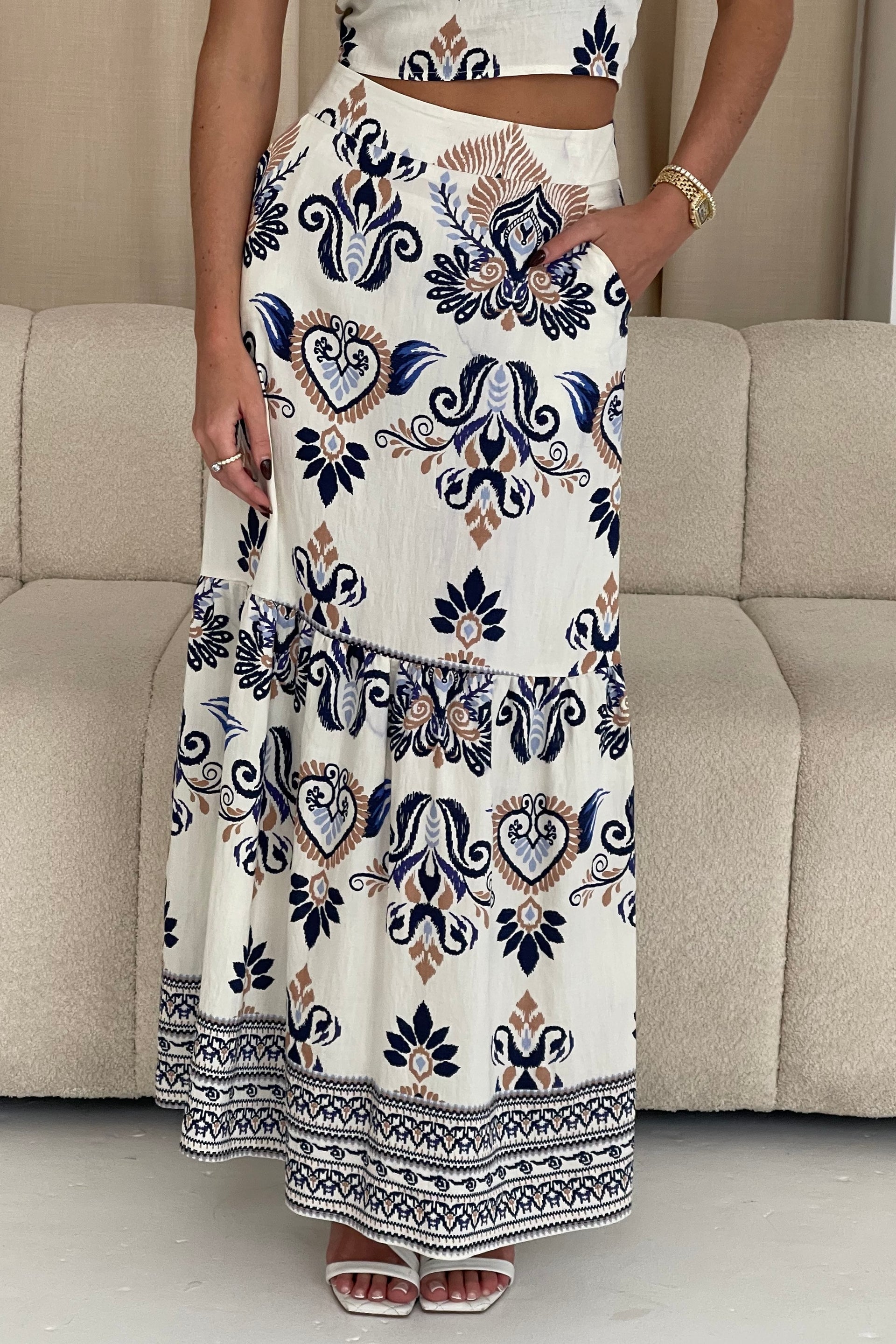 Blossom Cream Abstract Print Skirt