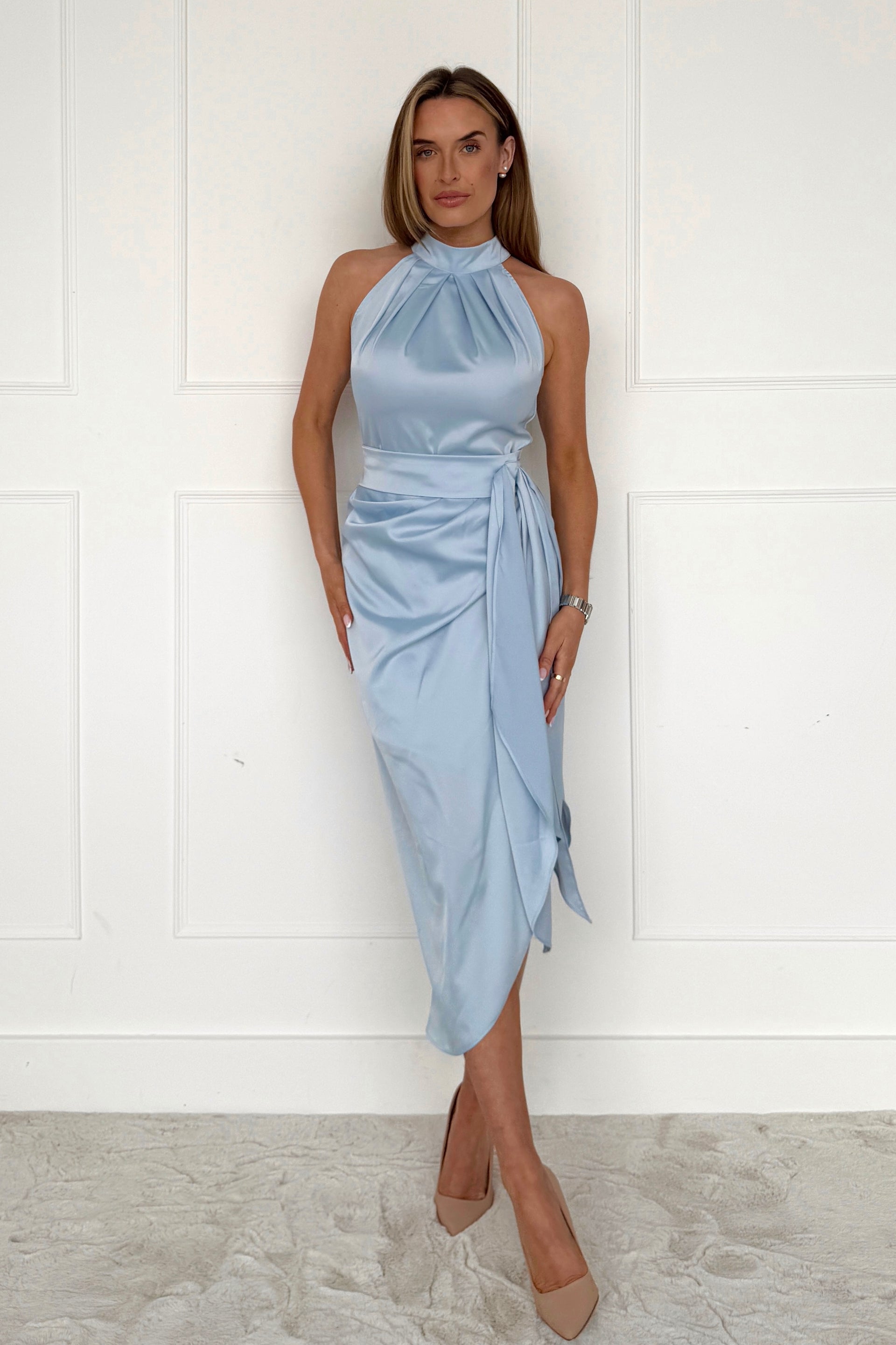 Priya Tie Waist Halter Neck Midi Dress Blue