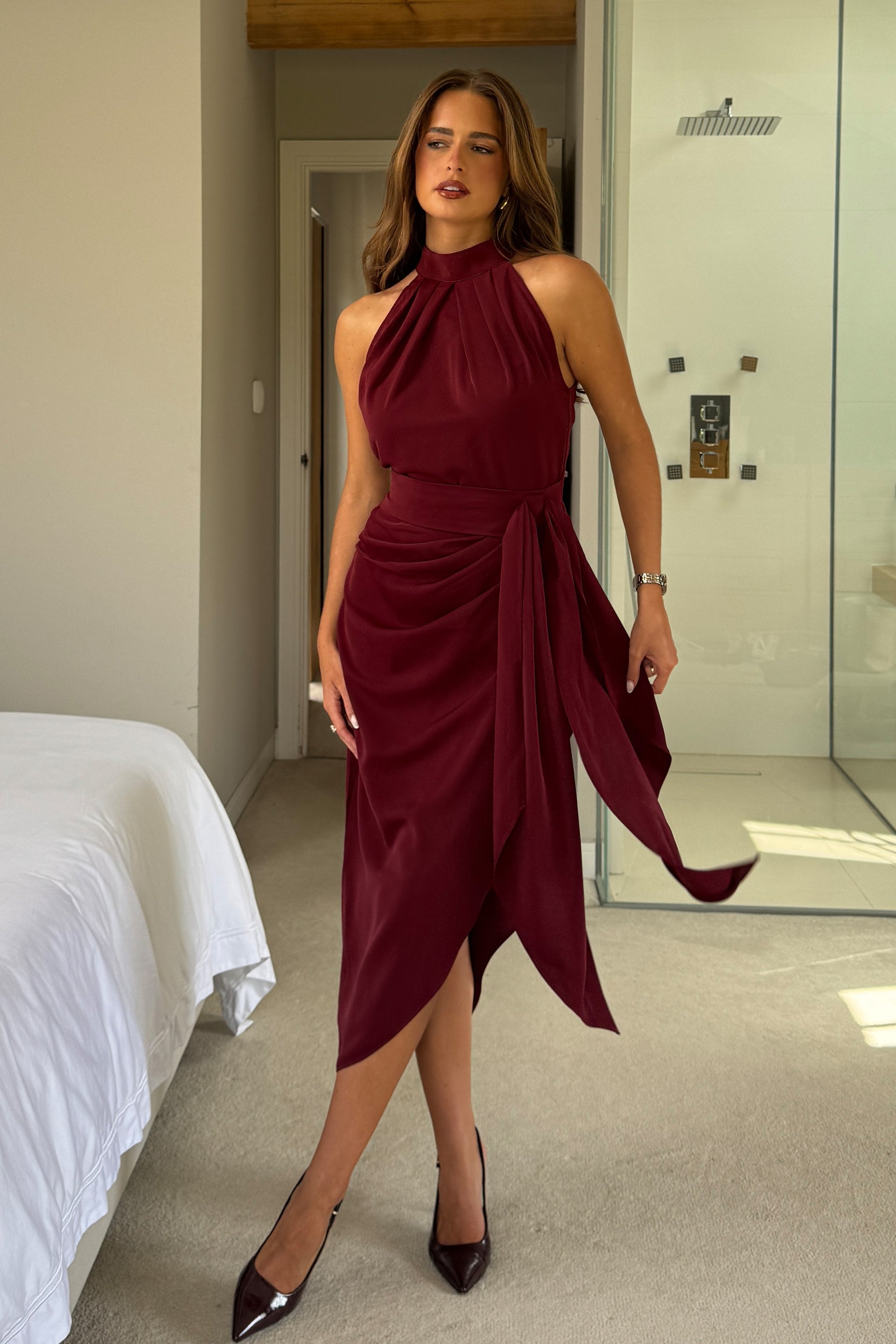 Priya Tie Waist Halter Neck Midi Dress Berry