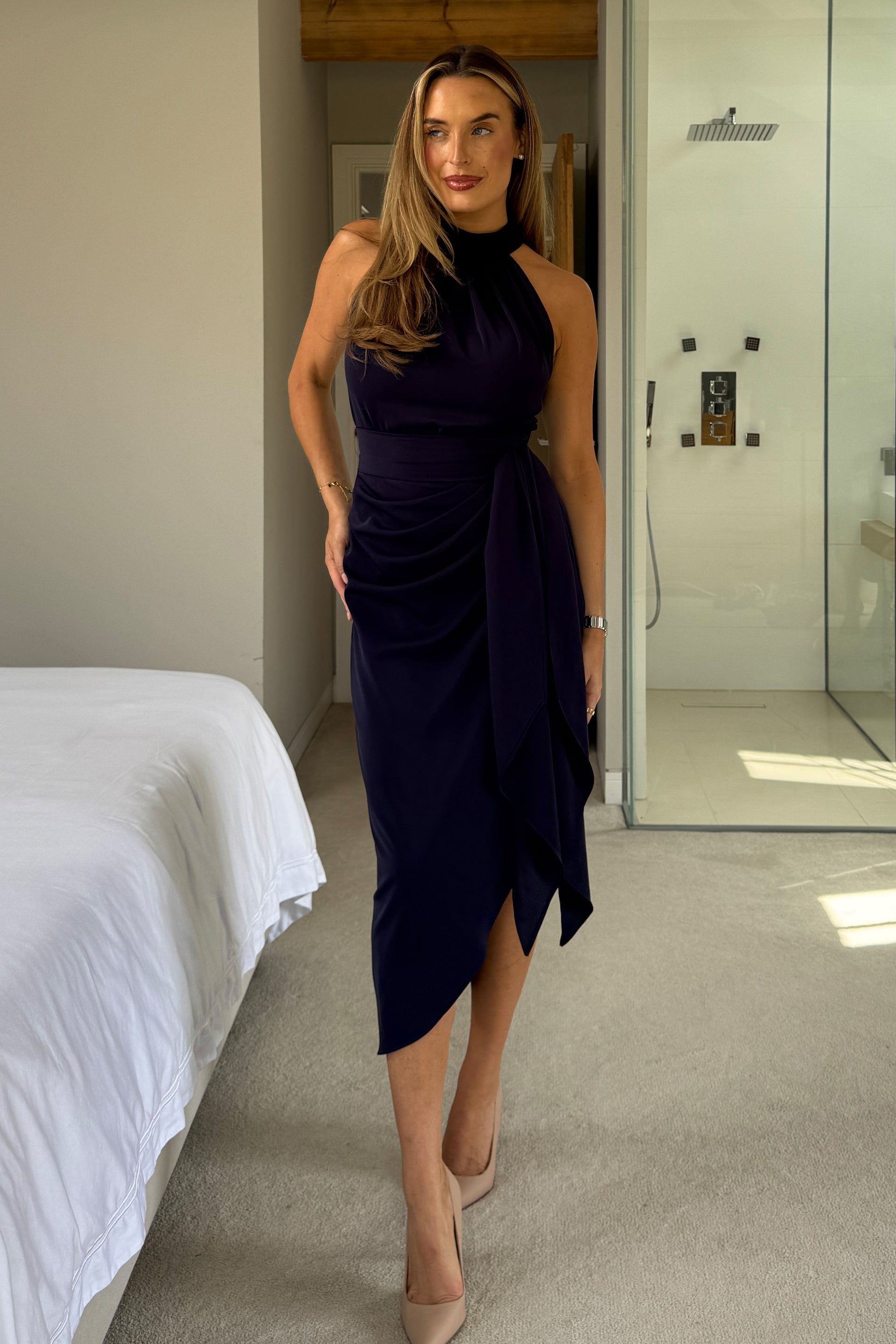 Priya Tie Waist Halter Neck Midi Dress Navy
