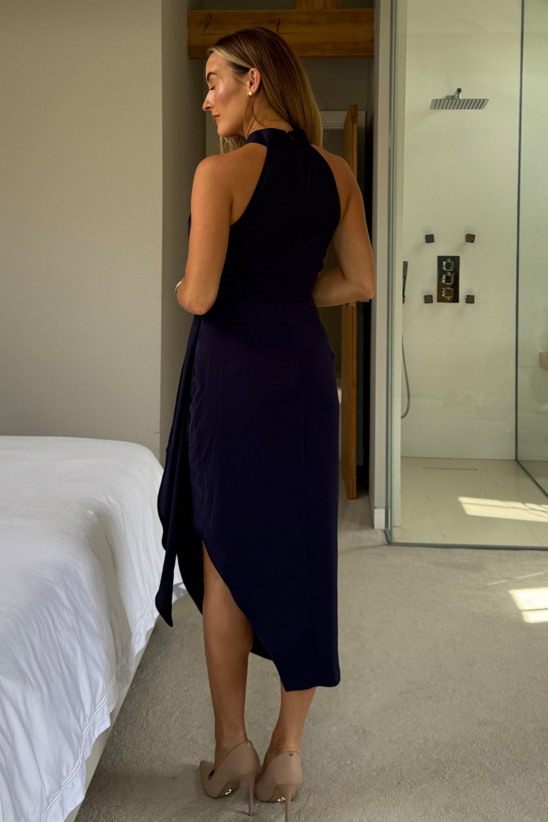 Priya Tie Waist Halter Neck Midi Dress Navy