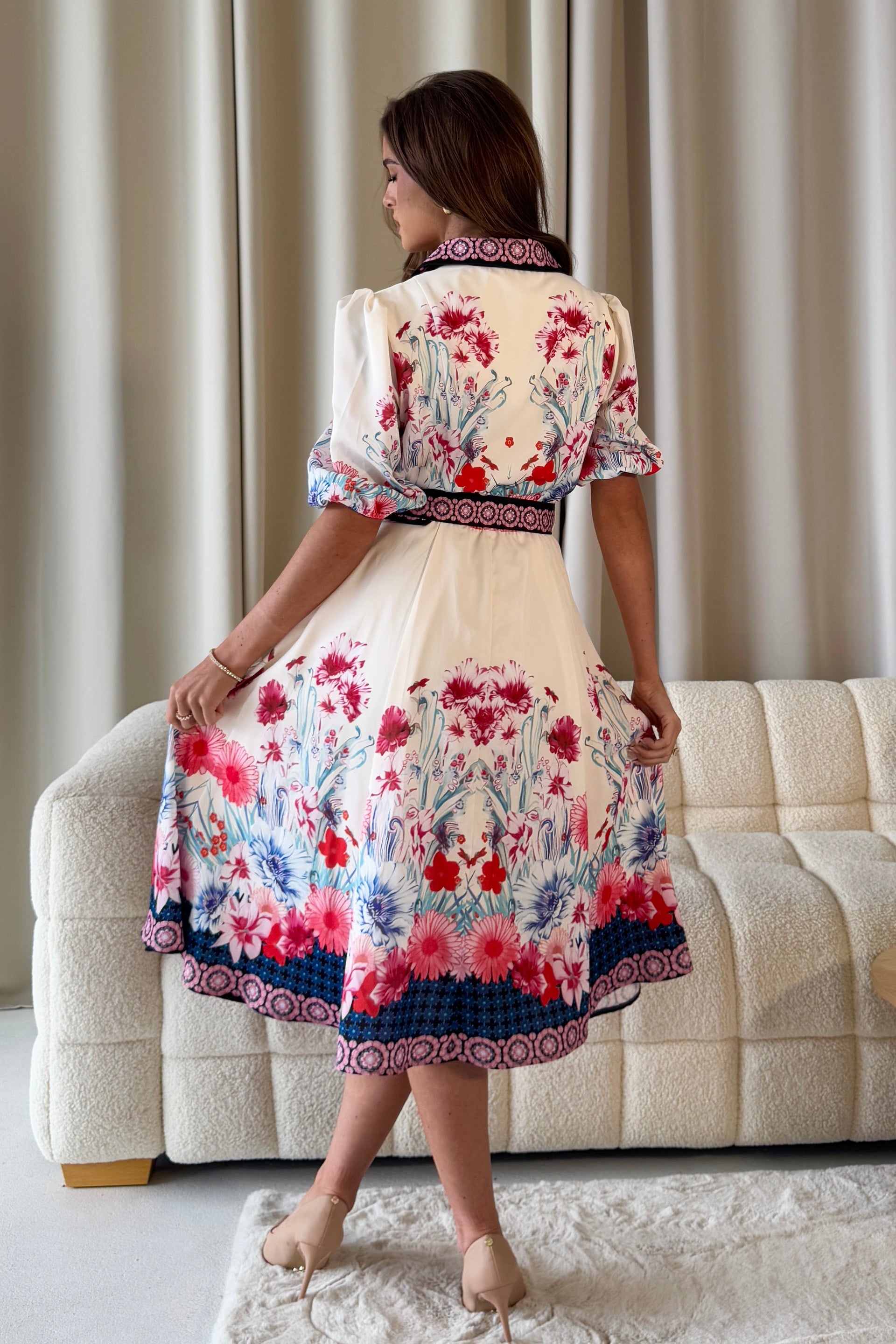 Holland Cream Floral Border Print Midi Dress
