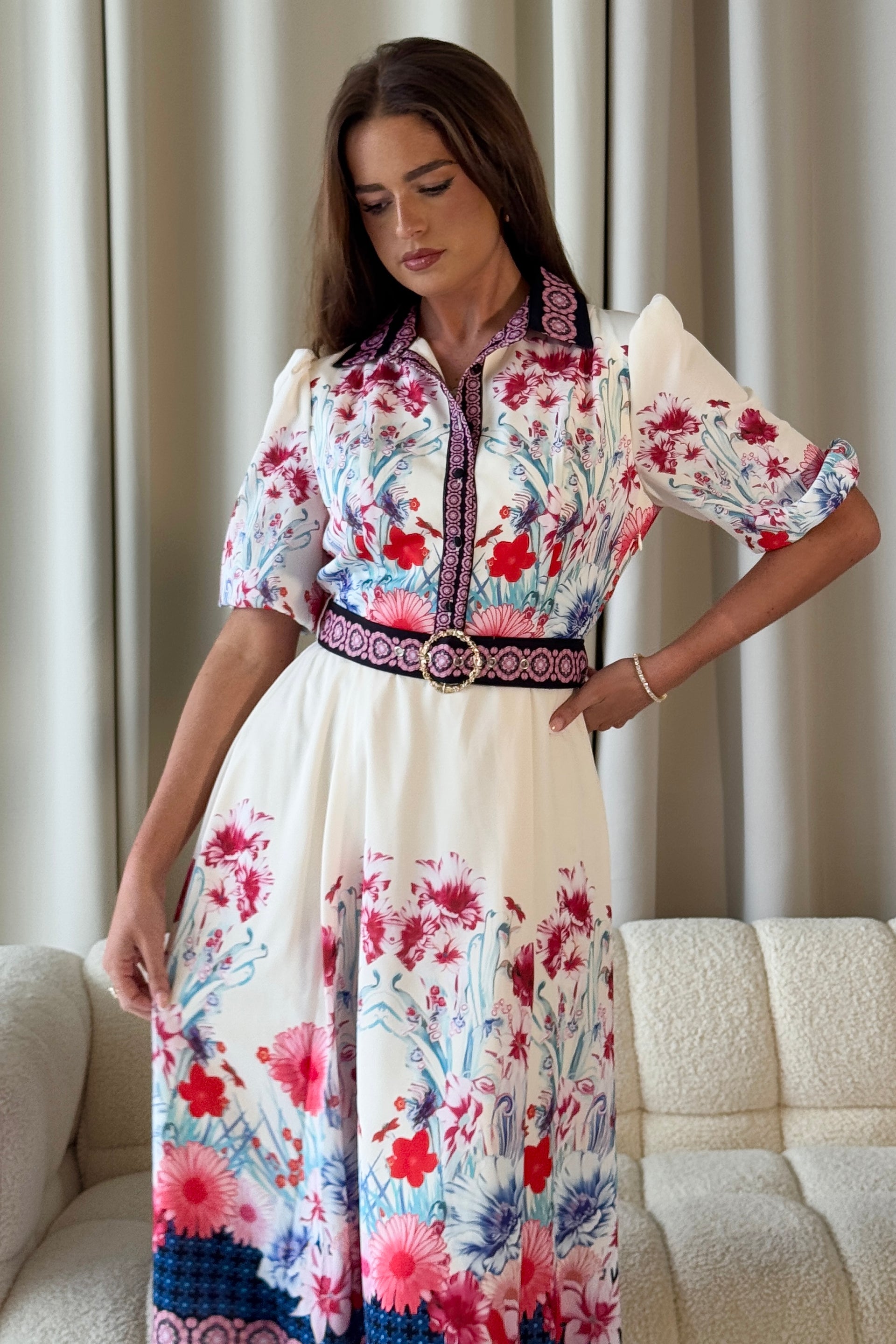 Holland Cream Floral Border Print Midi Dress