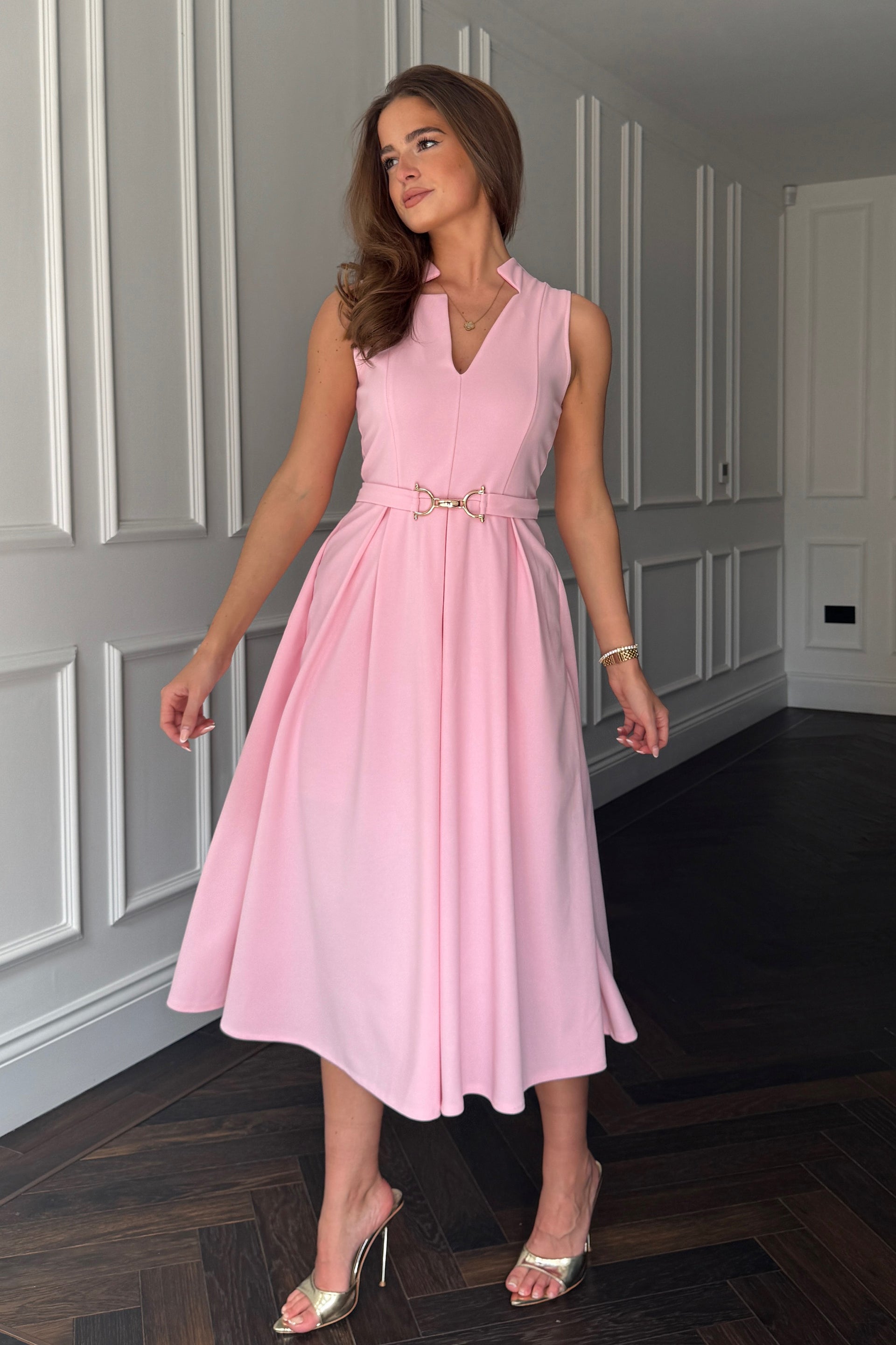 Ameya Notch Neck Sleeveless Midi Dress Pink