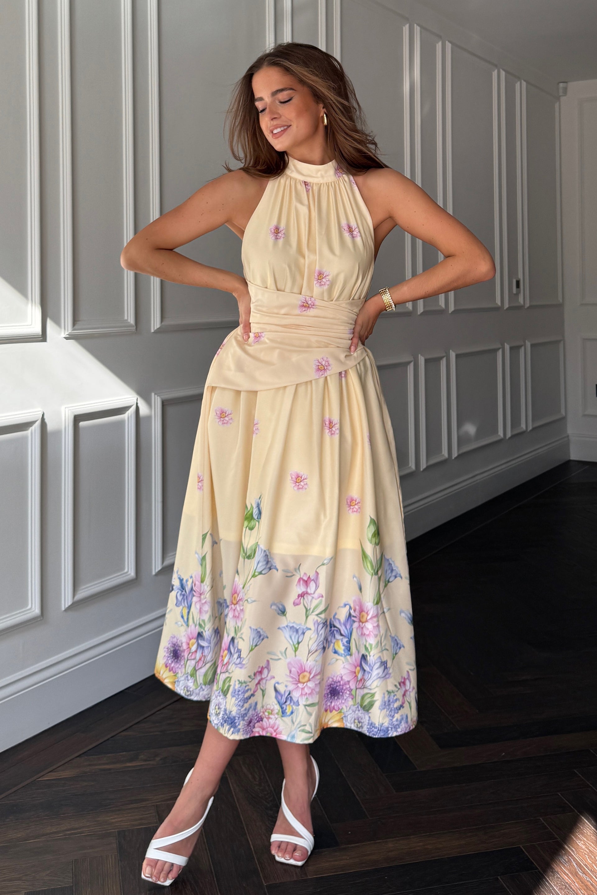 Maggie Wrap Waist Halterneck Midi Dress Yellow Floral