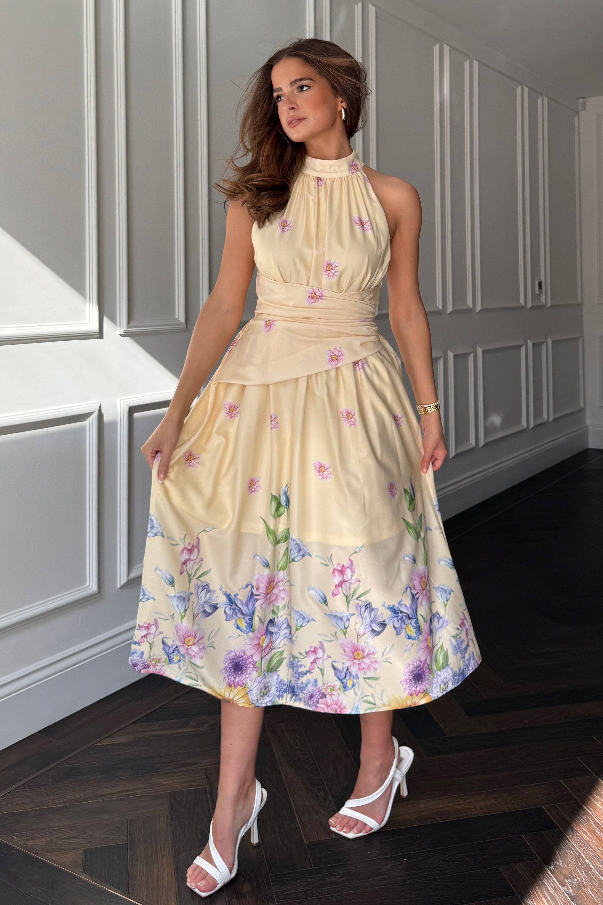 Maggie Wrap Waist Halterneck Midi Dress Yellow Floral