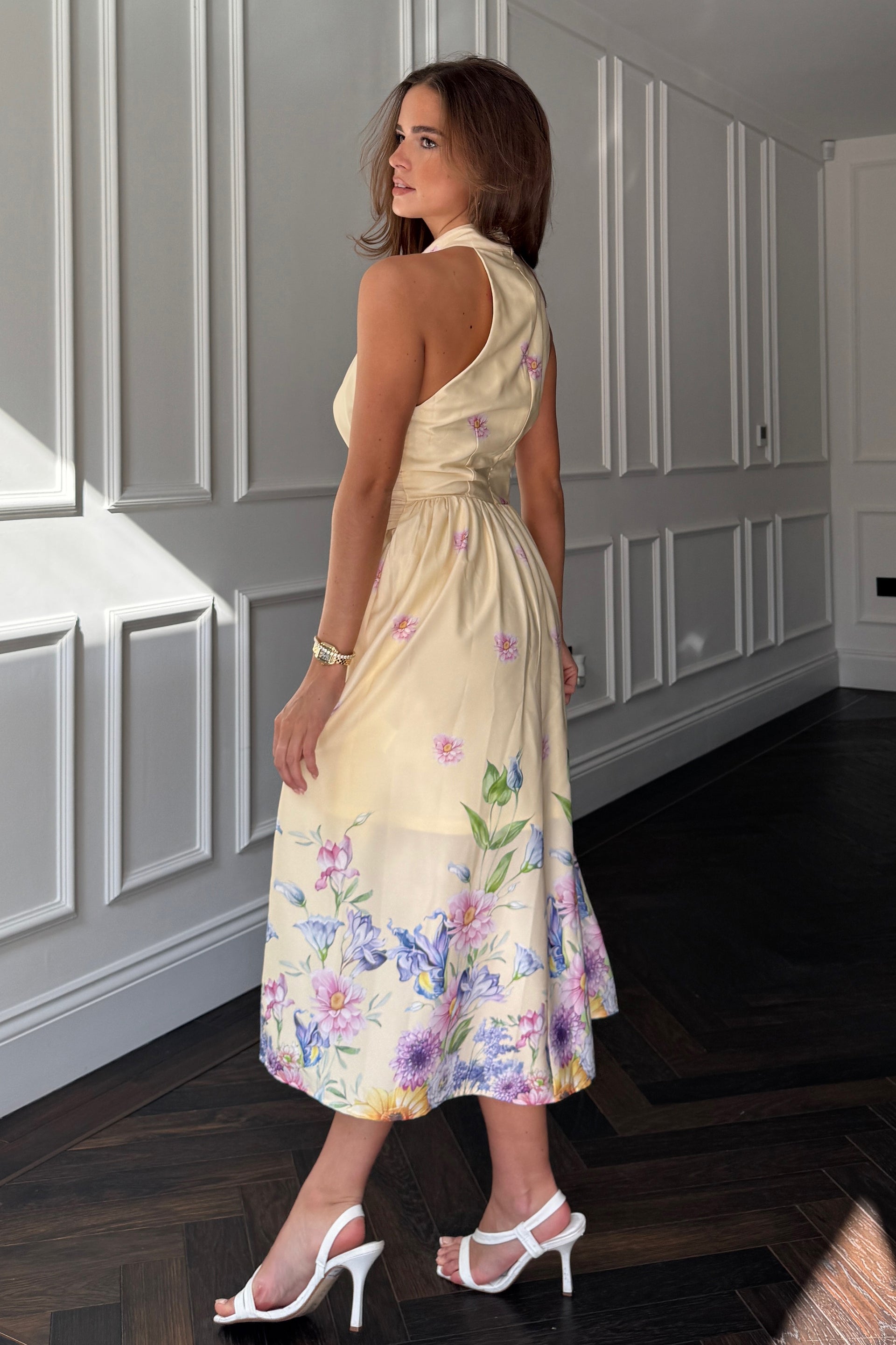 Maggie Wrap Waist Halterneck Midi Dress Yellow Floral