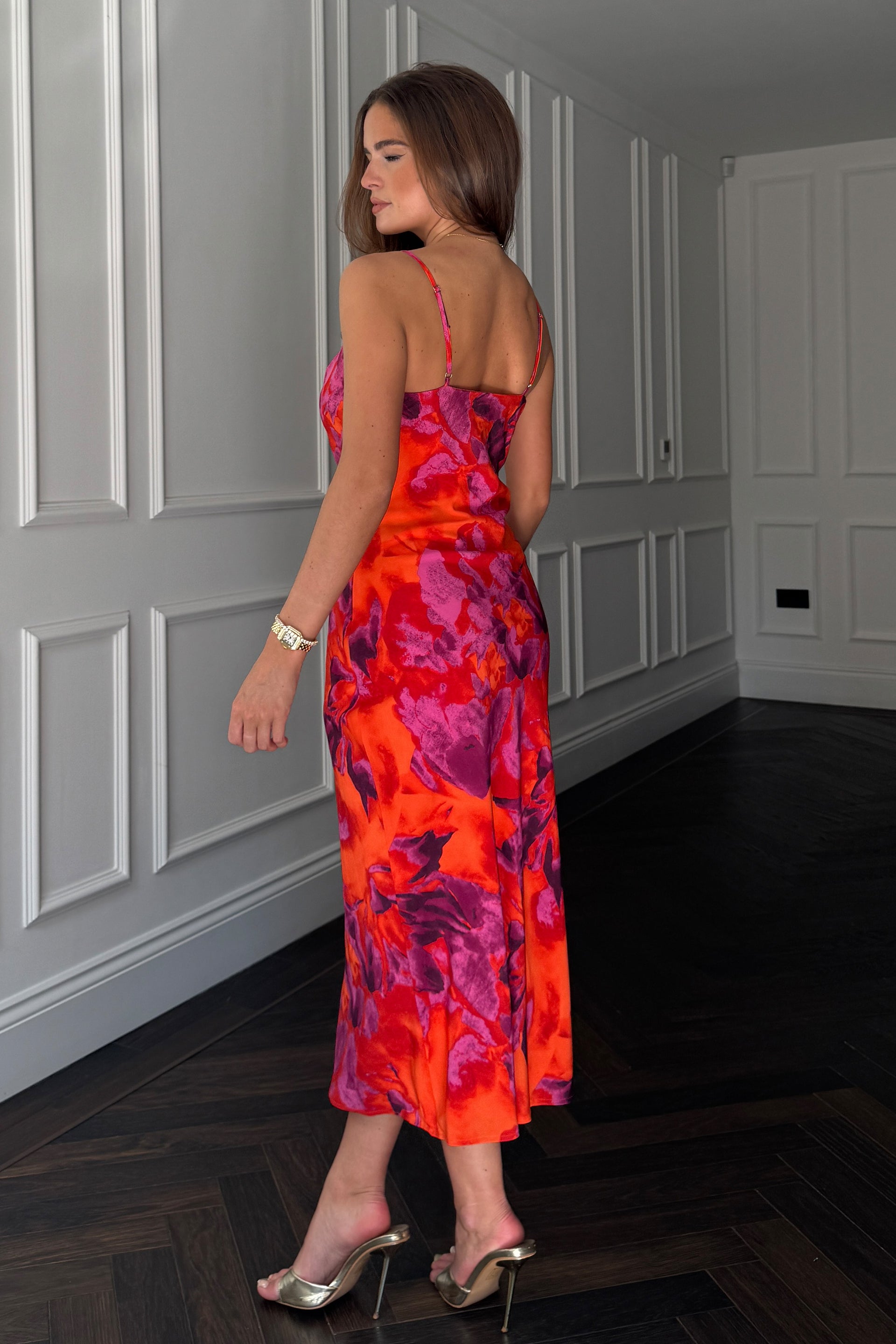 Naomi Orange Floral Slip Midi Dress