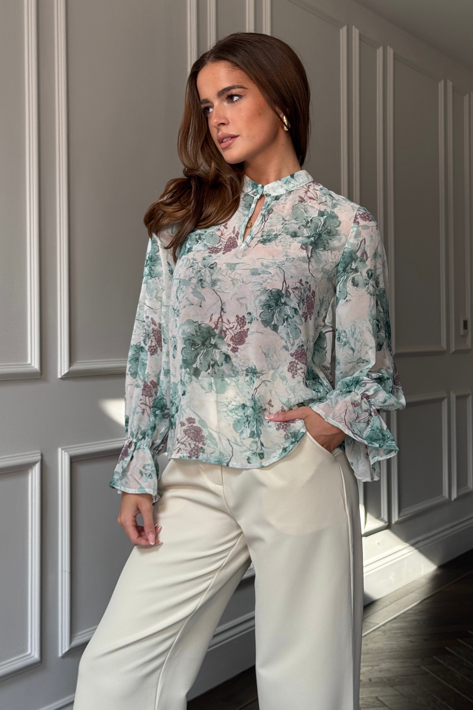 Aideen Frill Sleeve Floral High Neck Blouse