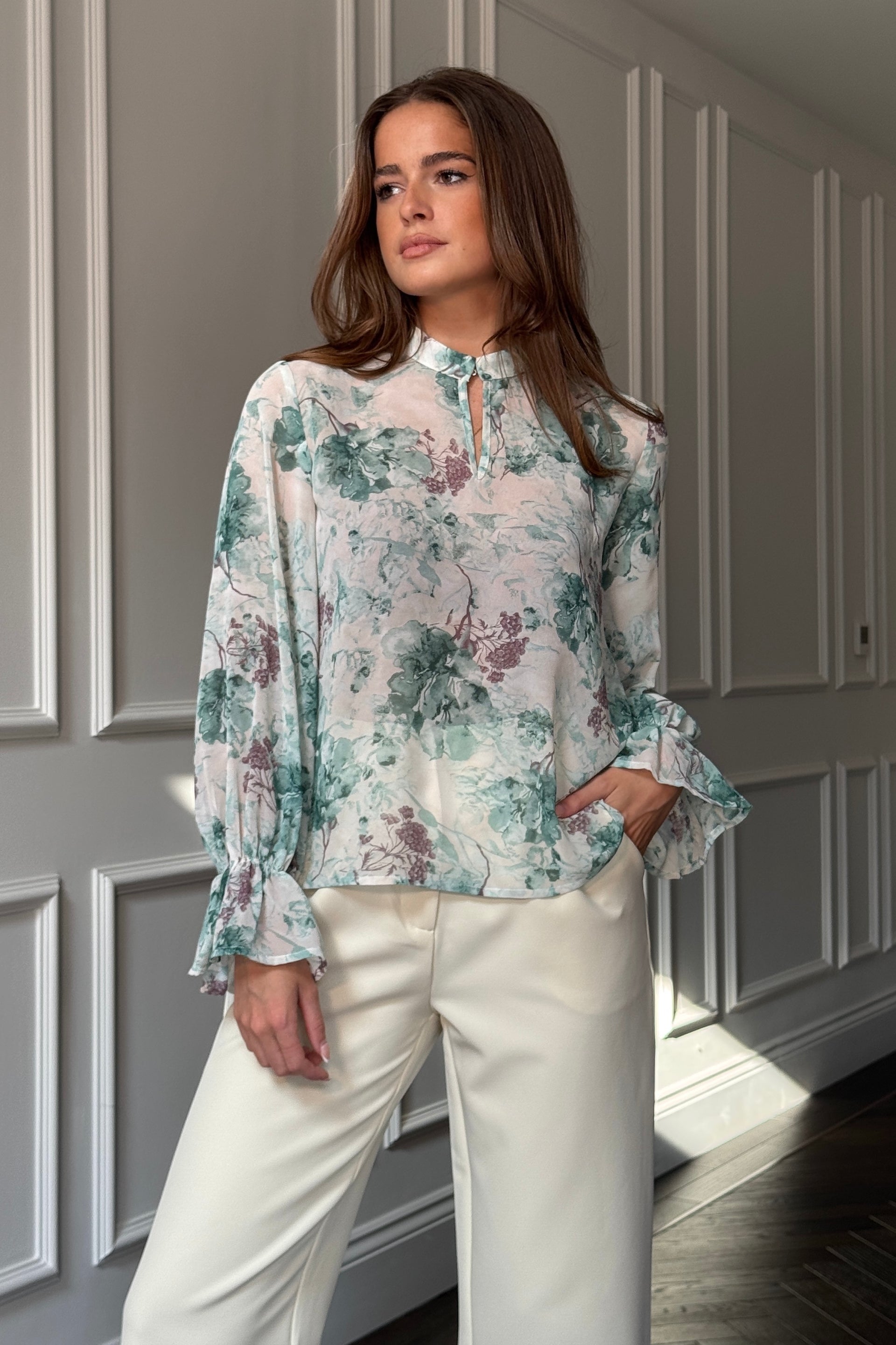 Aideen Frill Sleeve Floral High Neck Blouse