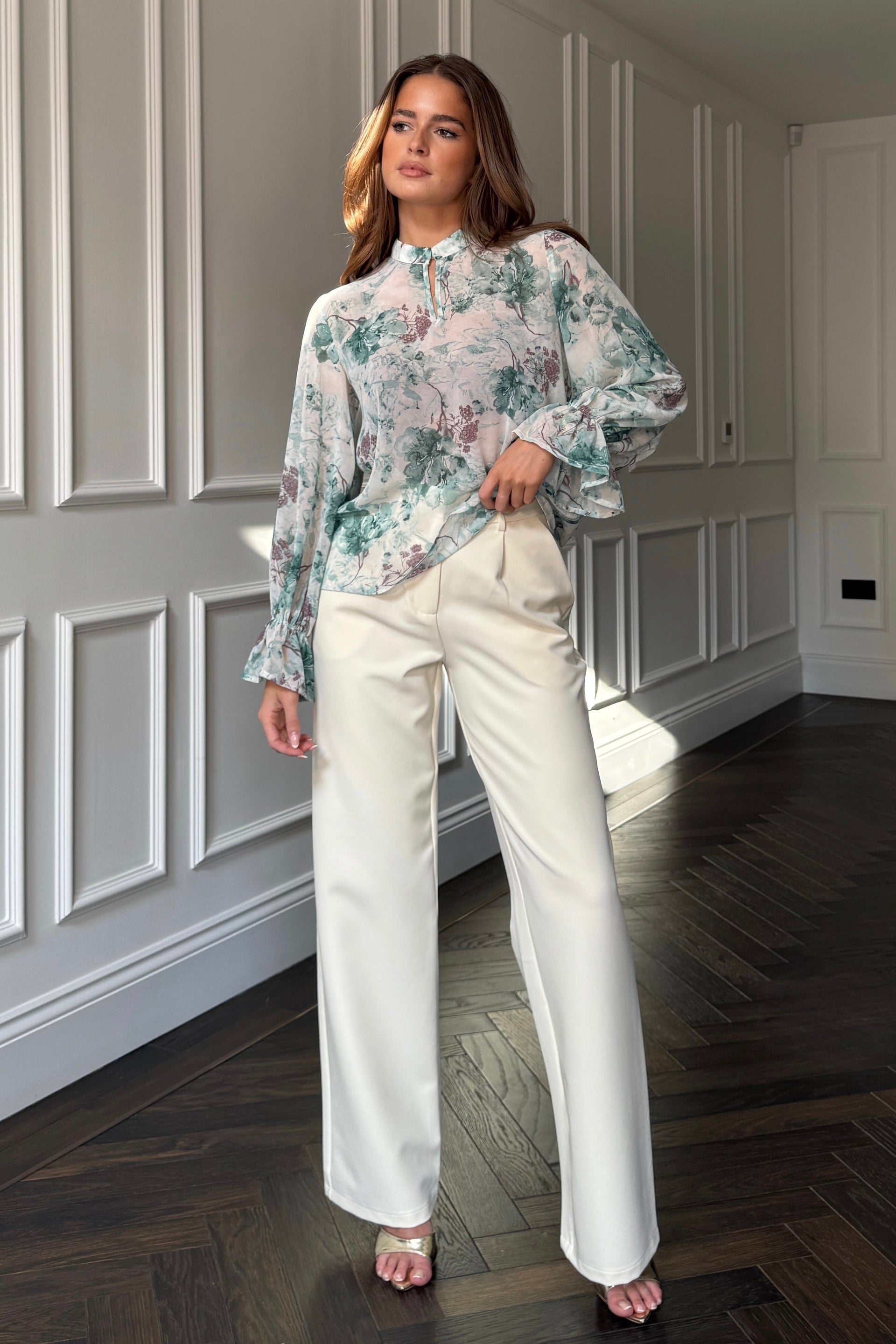 Aideen Frill Sleeve Floral High Neck Blouse