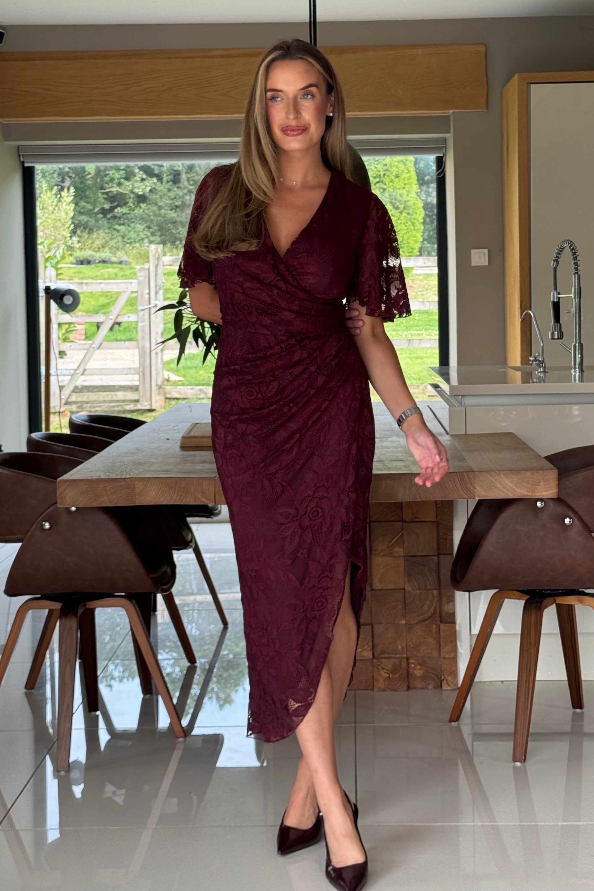 Natasha Angel Sleeve Wrap Midi Dress In Berry Lace