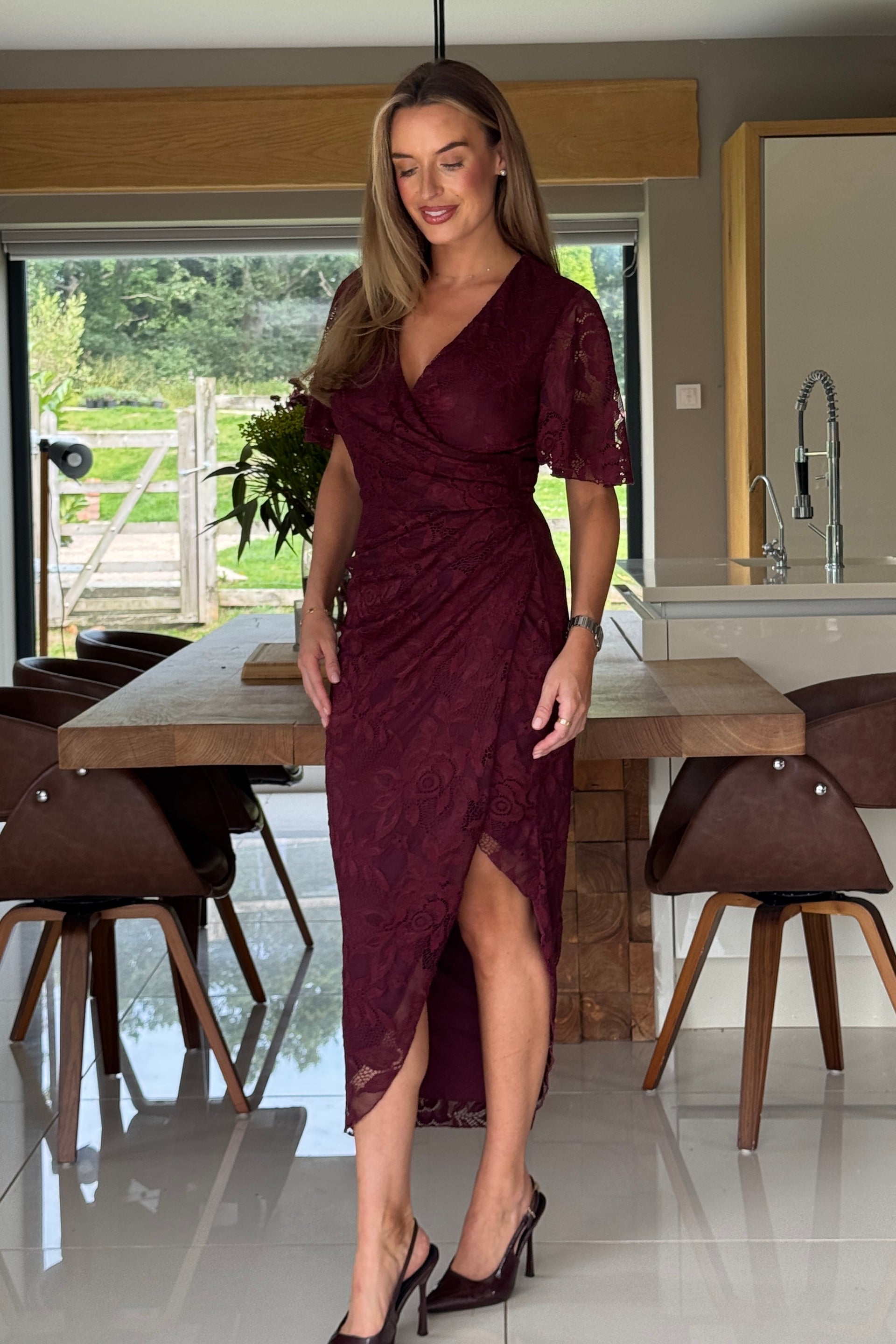 Natasha Angel Sleeve Wrap Midi Dress In Berry Lace