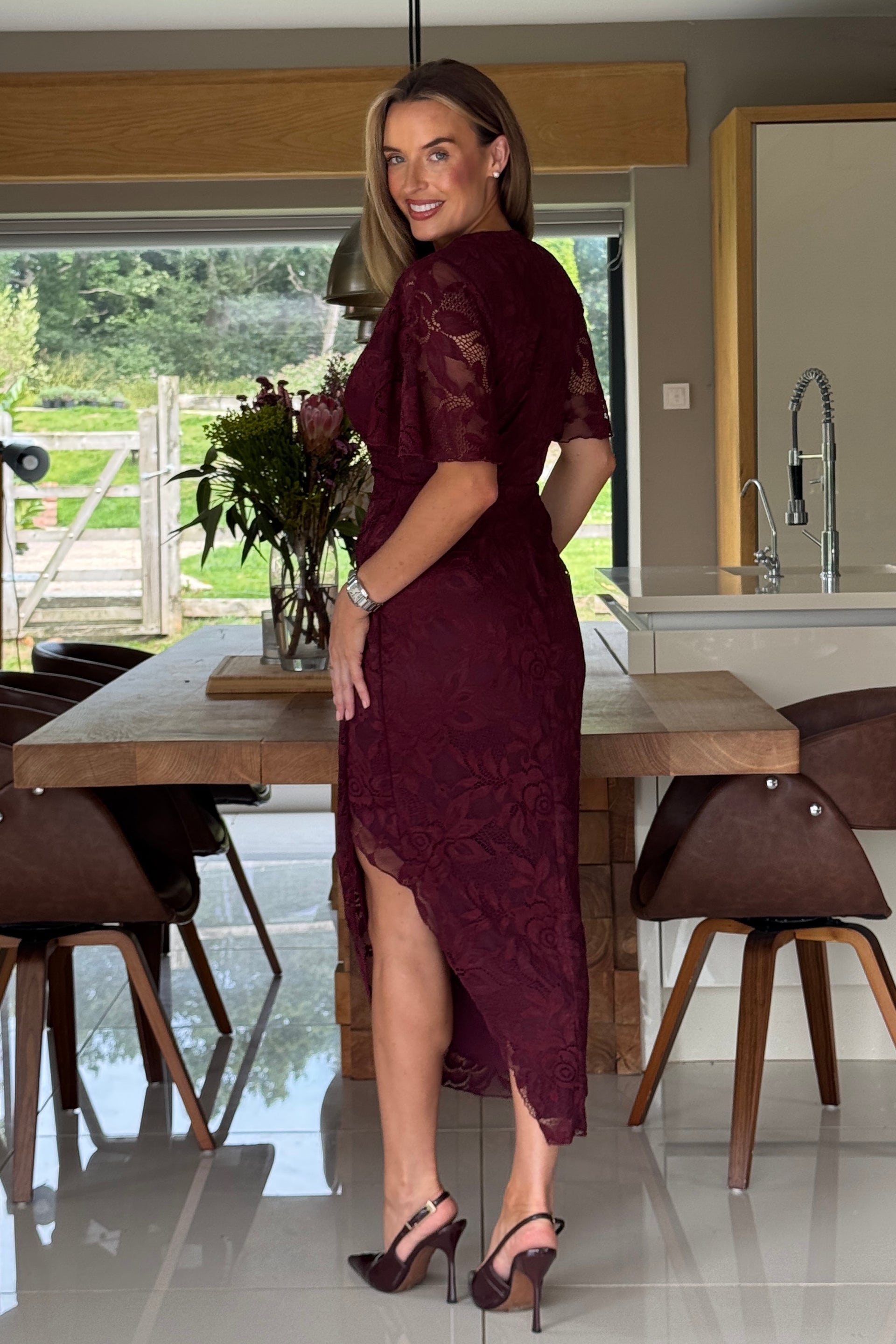 Natasha Angel Sleeve Wrap Midi Dress In Berry Lace