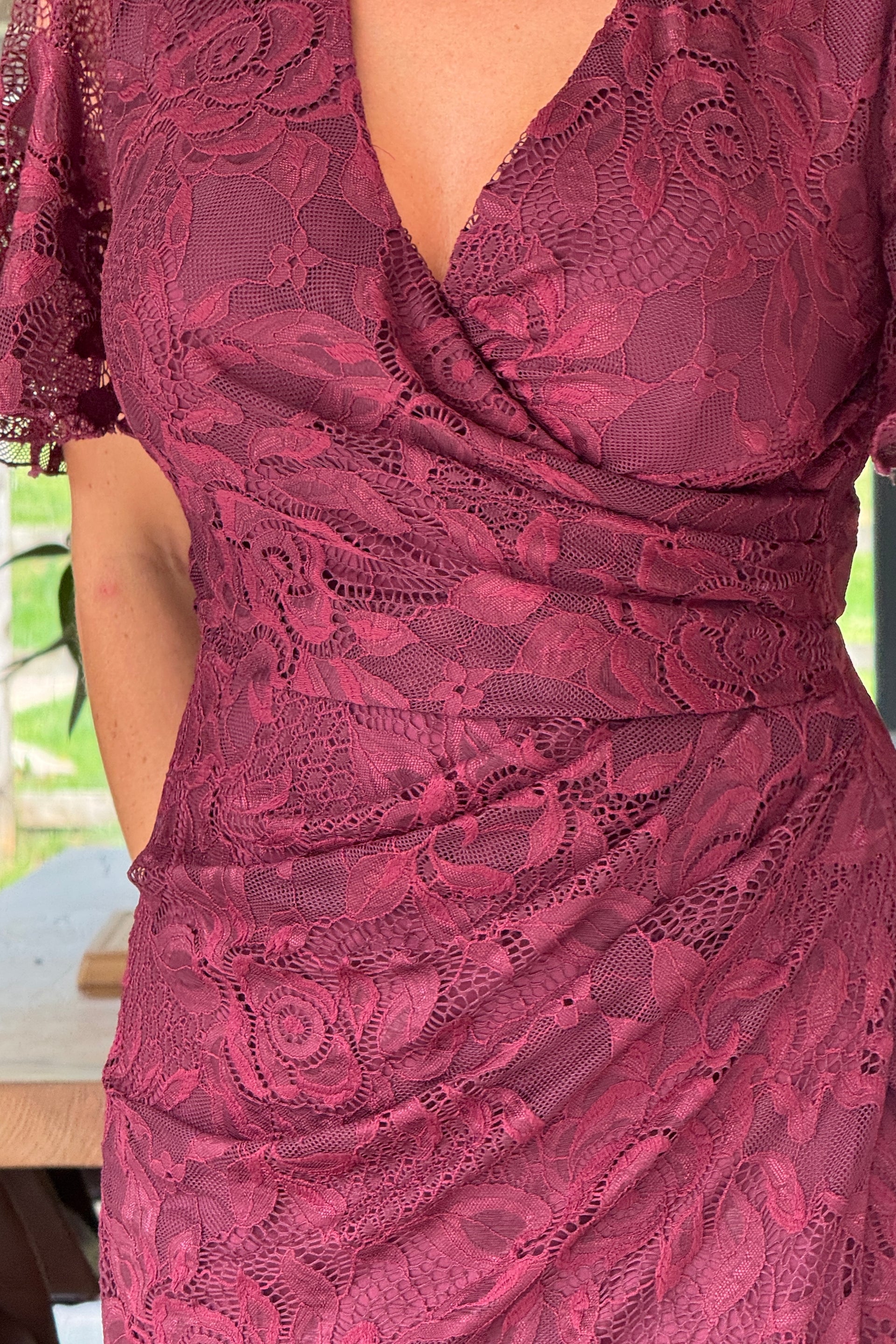 Natasha Angel Sleeve Wrap Midi Dress In Berry Lace