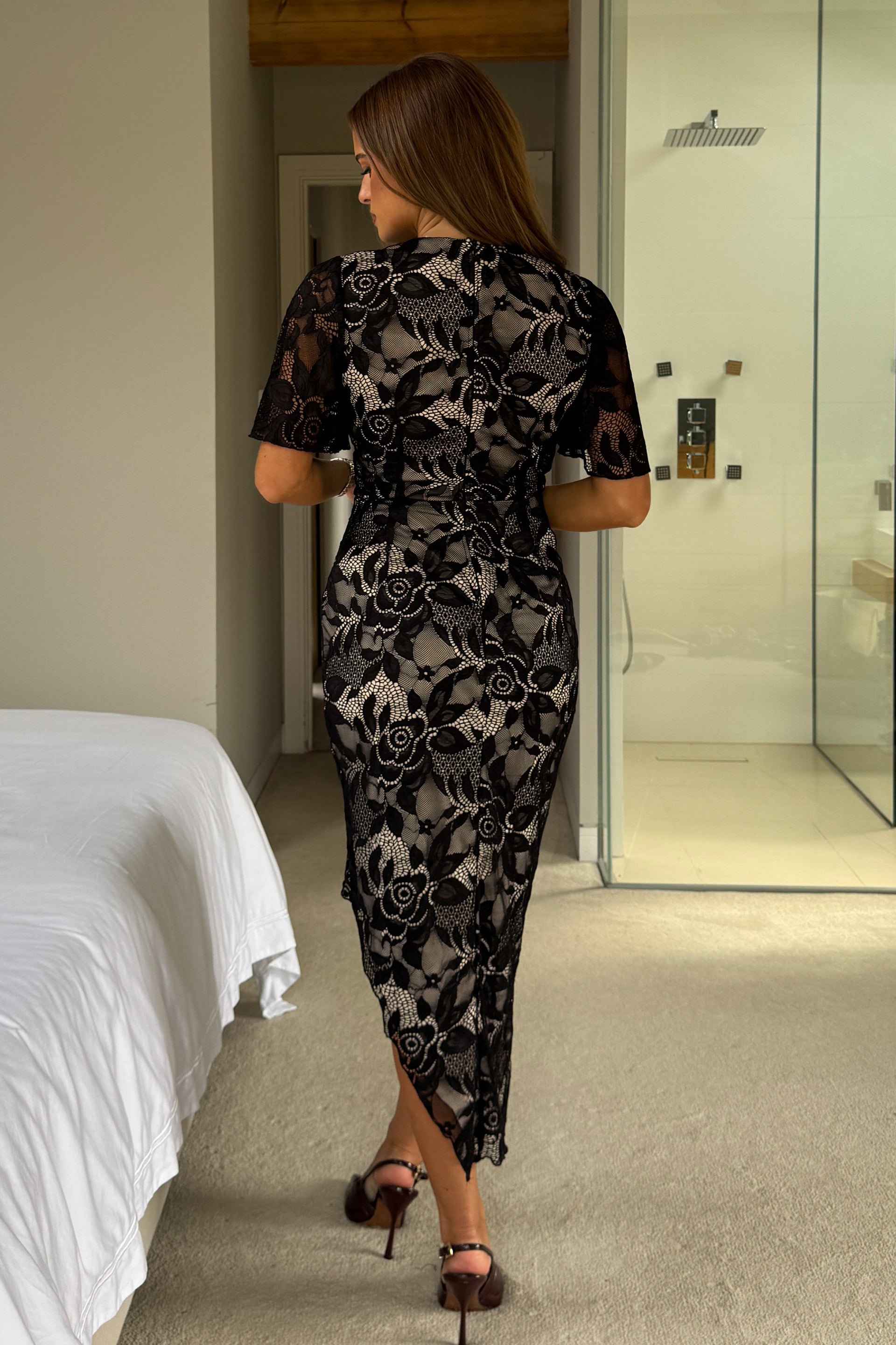 Natasha Angel Sleeve Wrap Midi Dress In Black And Nude