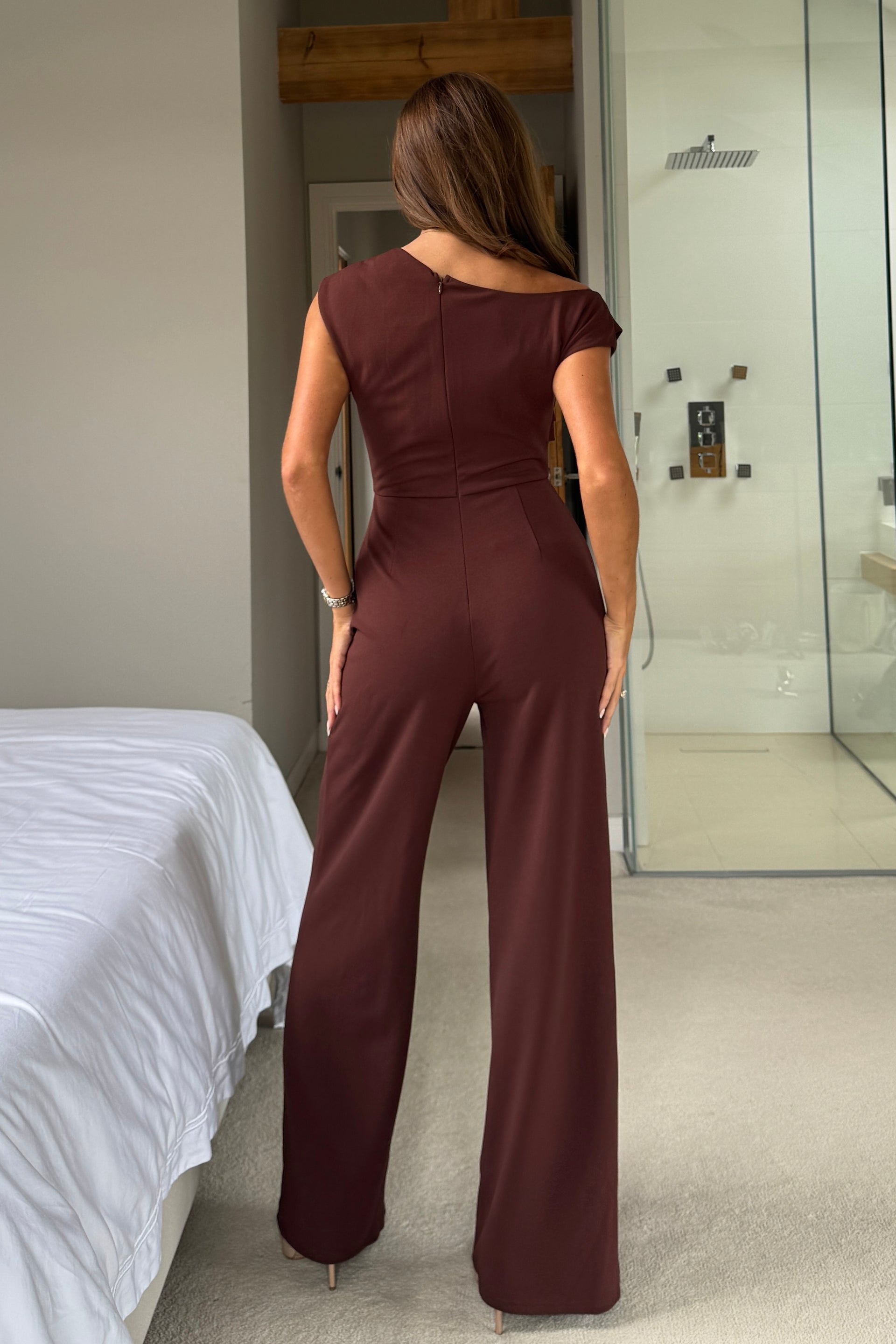 Donna Asymmetric Neckline Jumpsuit Brown