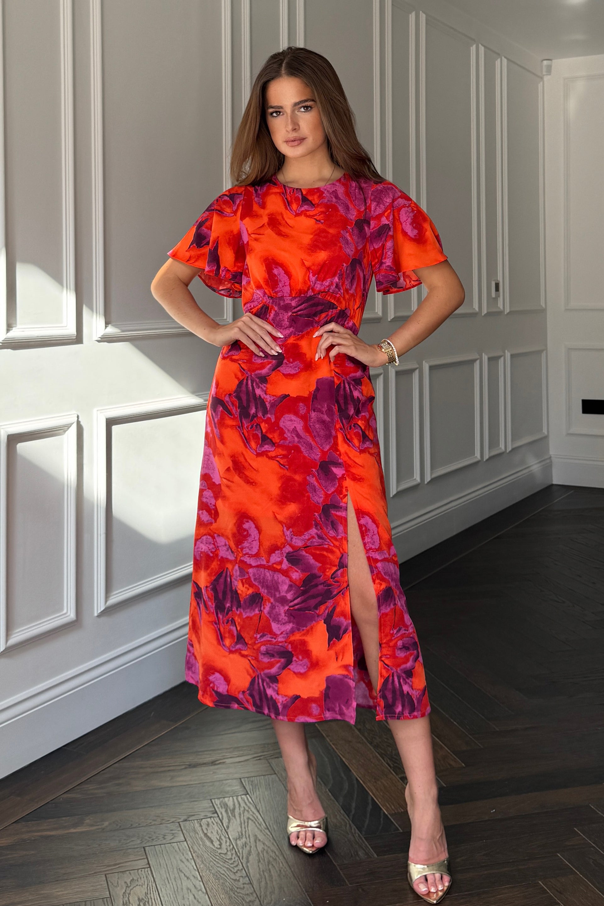 Britney Orange Floral Angel Sleeve Midi Dress