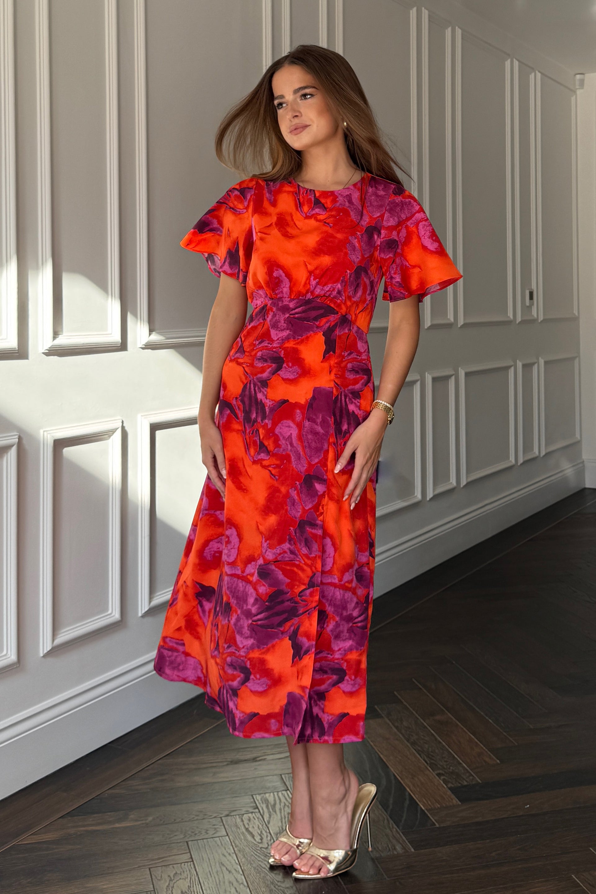 Britney Orange Floral Angel Sleeve Midi Dress