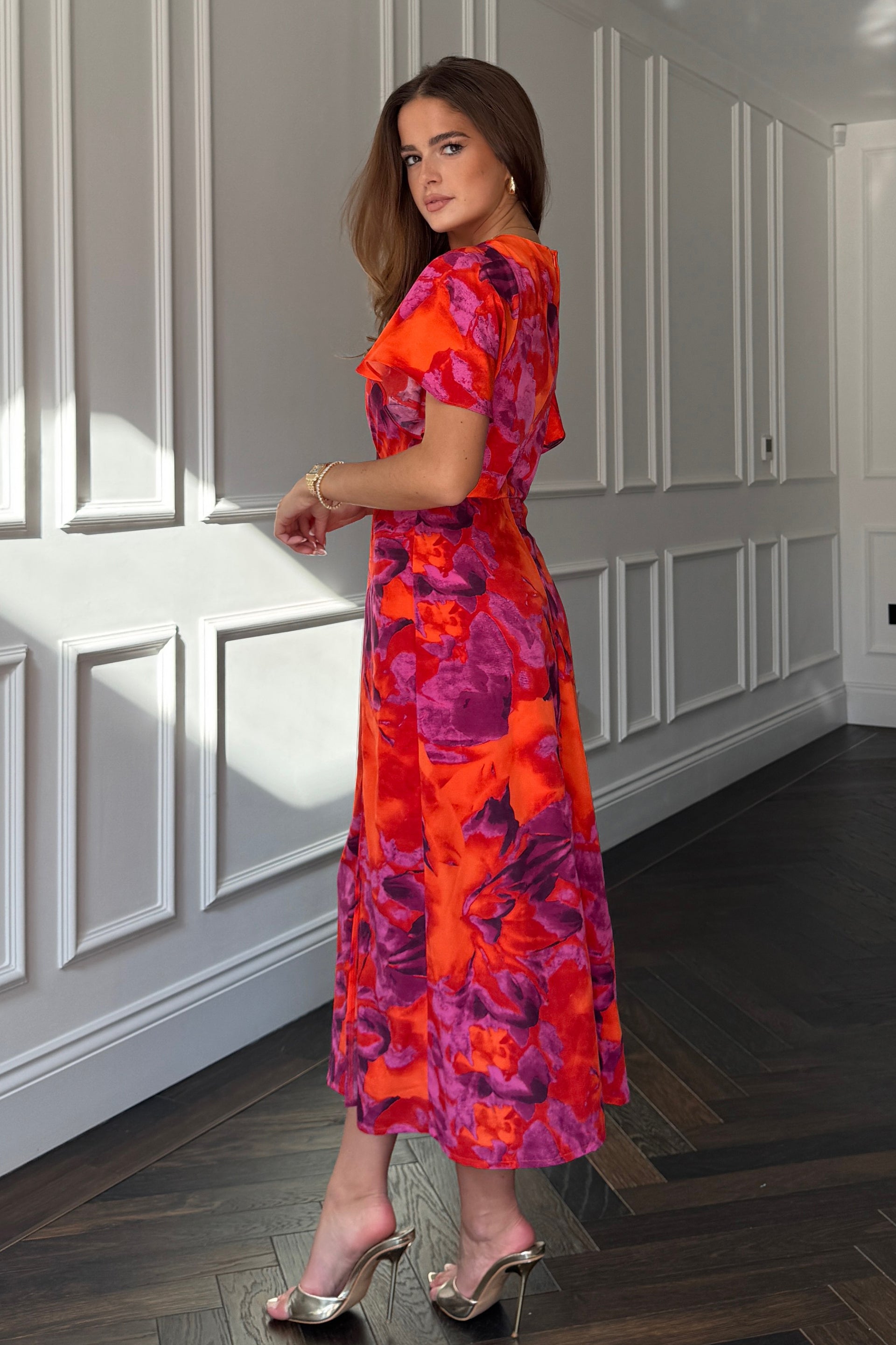 Britney Orange Floral Angel Sleeve Midi Dress