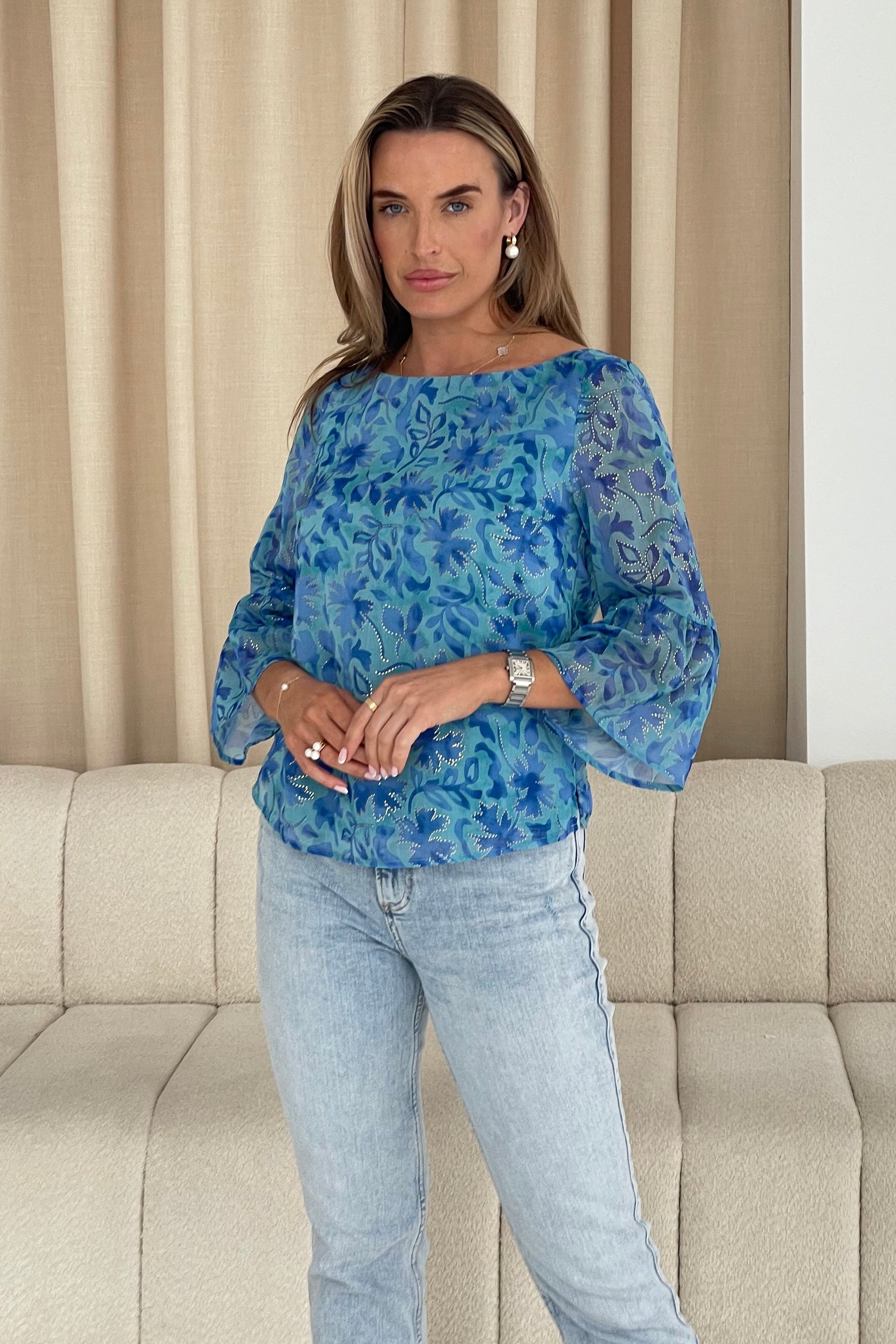 Deborah Frill Sleeve Round Neck Blouse Blue