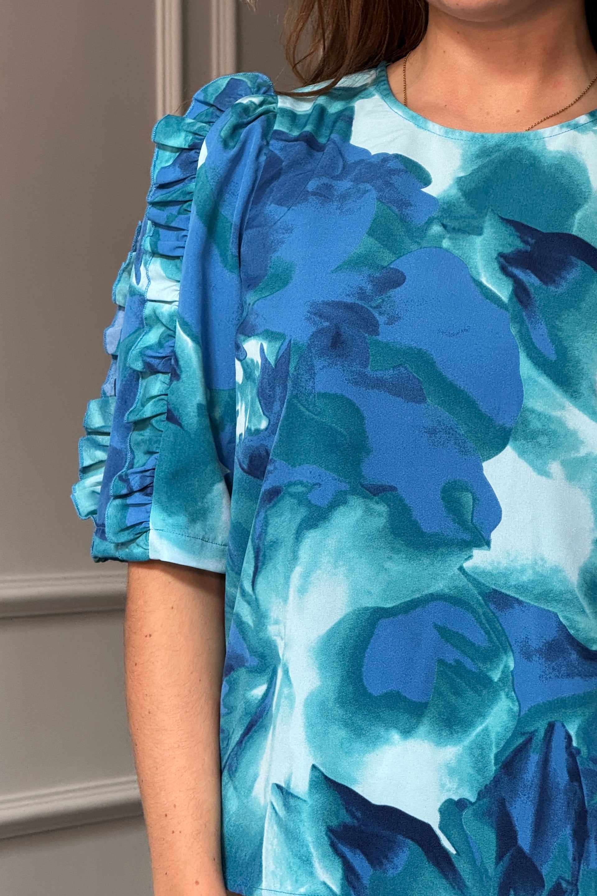 Asher Blue Floral Print Frill Sleeve Top