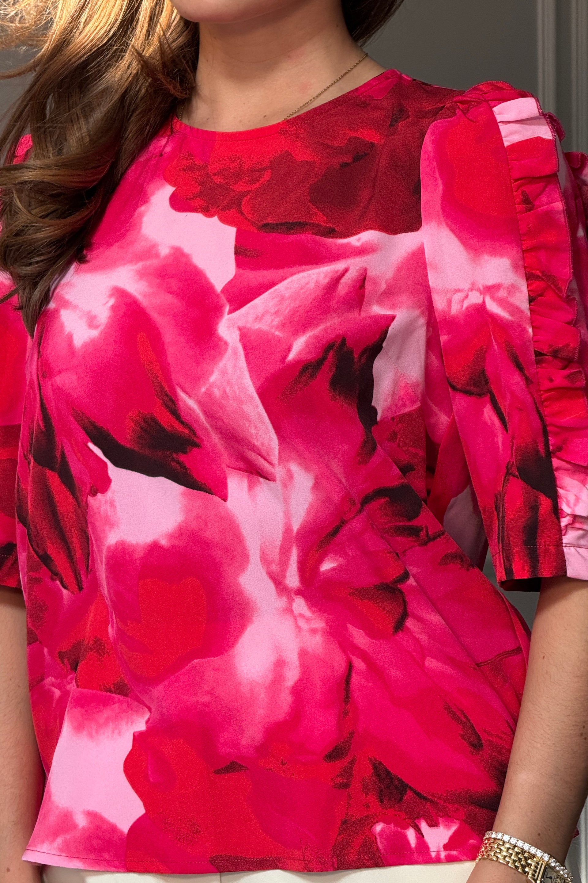 Asher Pink Floral Print Frill Sleeve Top